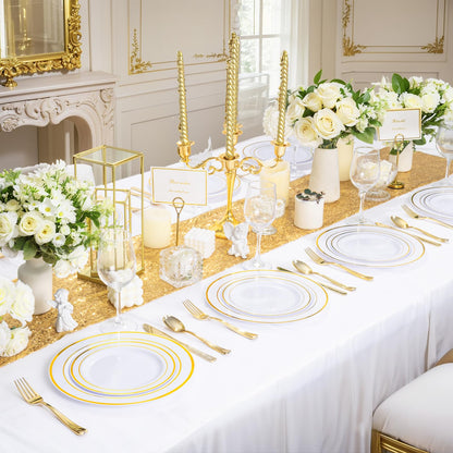 350 Pieces White and Gold Plastic Plates - 50 Guest Dinnerware Set Include 100 Plates, 50 Gold Plastic Silverware, 50 Paper Napkins and 50 Cups for Thanksgiving Party,Wedding