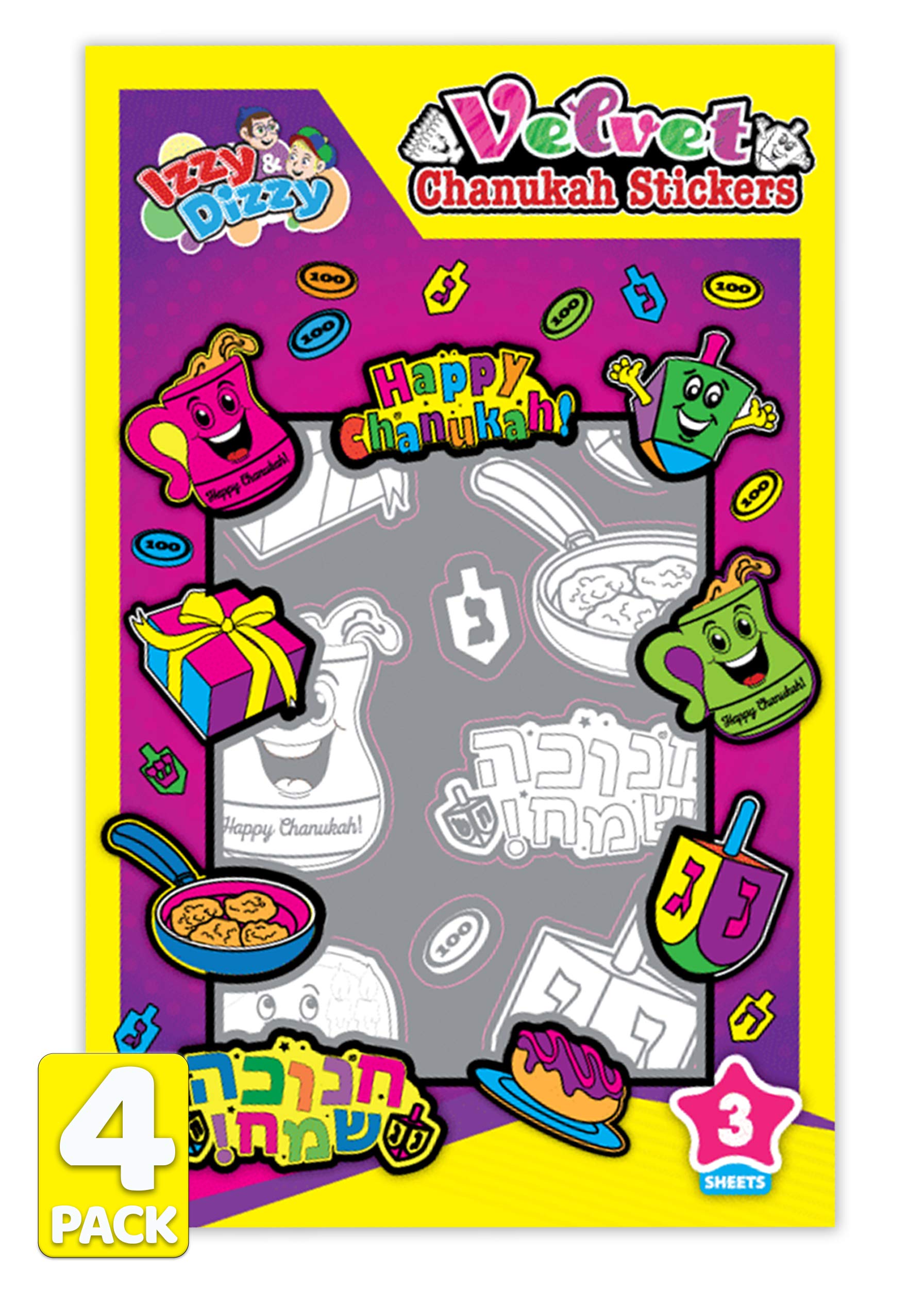 Izzy 'n' Dizzy Velvet Hanukkah Stickers, Black and White, 12 Sheets (Pack of 4), Chanukah Designs, Color and Peel, Fun Learning Activity