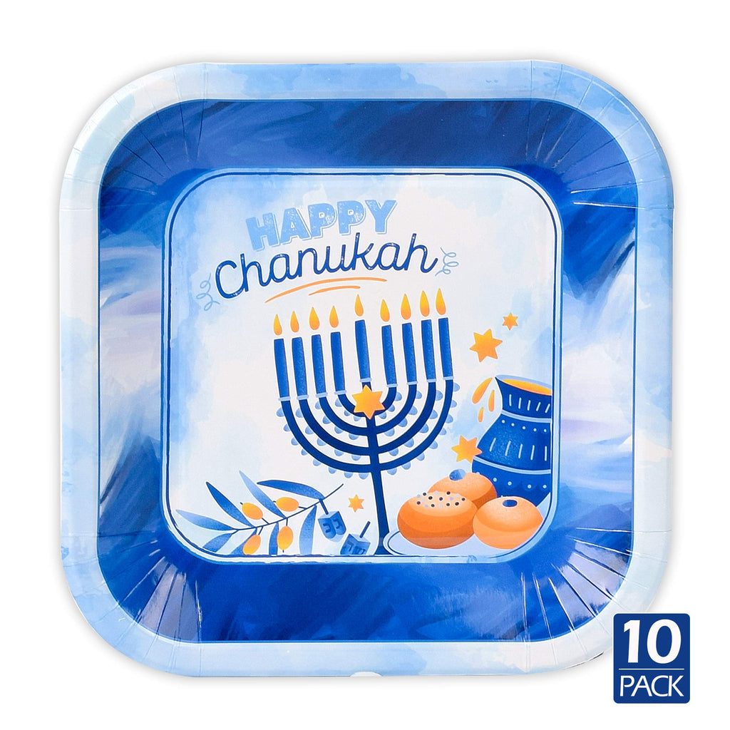 Izzy 'n' Dizzy Hanukkah Plates - 7 Inch - 10 Pack - Hanukkah Paper Goods - Blue and White Chanukah Themed Party Supplies
