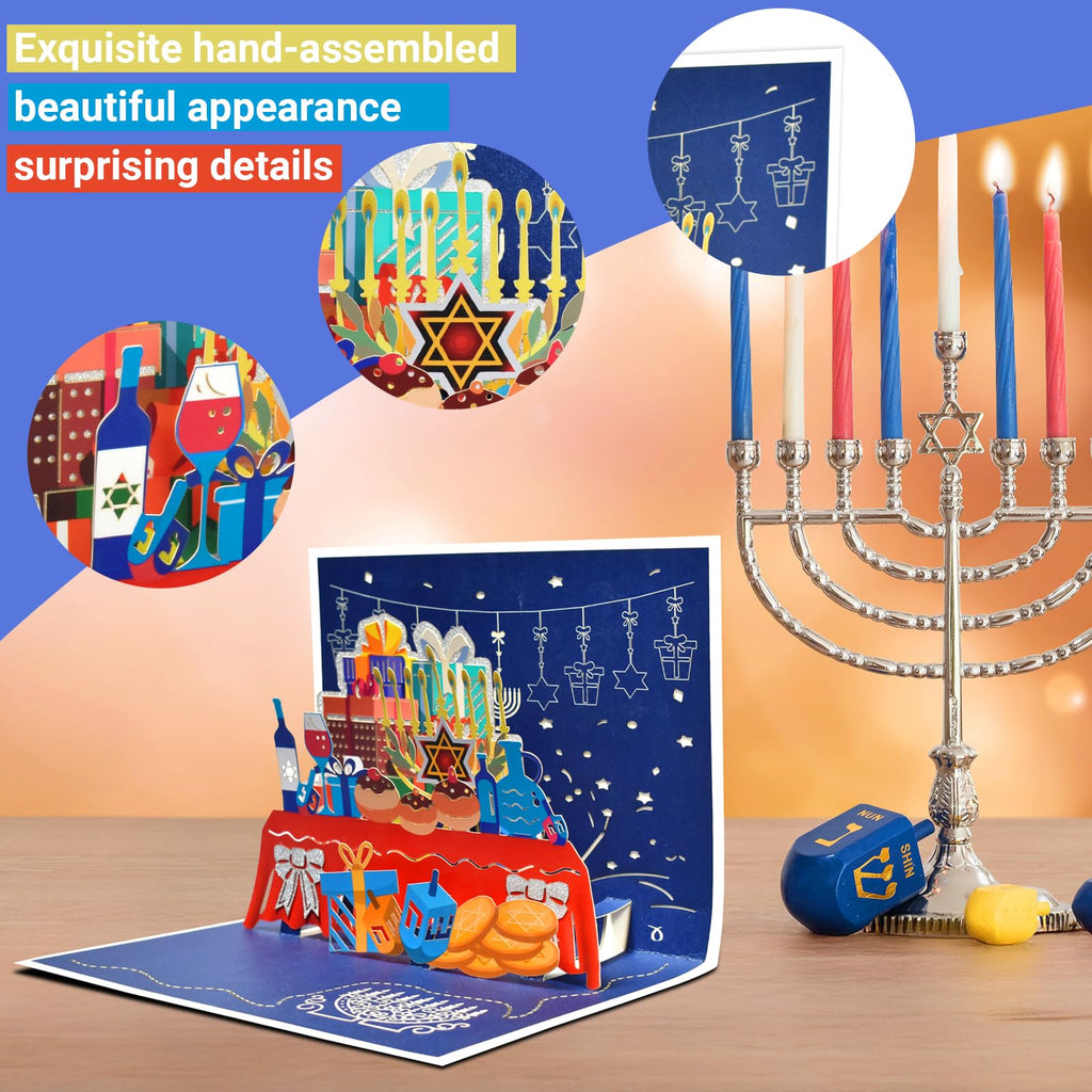 Hanukkah 3D Pop Up Greeting Card – Holiday Card with Menorah, Candles, Dreidel, and Star of David – Festival of Lights Jewish Greeting Card for Family, Friends, and Loved Ones with Envelope & Blank Note Card