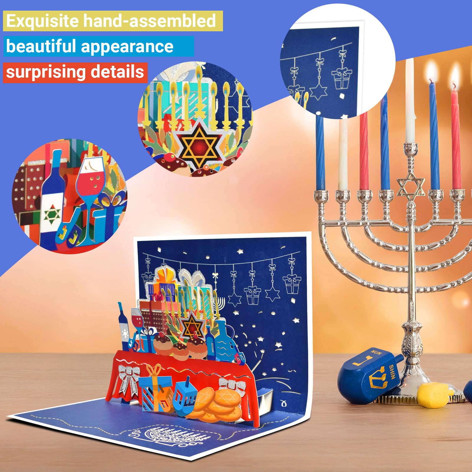 Hanukkah 3D Pop Up Greeting Card – Holiday Card with Menorah, Candles, Dreidel, and Star of David – Festival of Lights Jewish Greeting Card for Family, Friends, and Loved Ones with Envelope & Blank Note Card