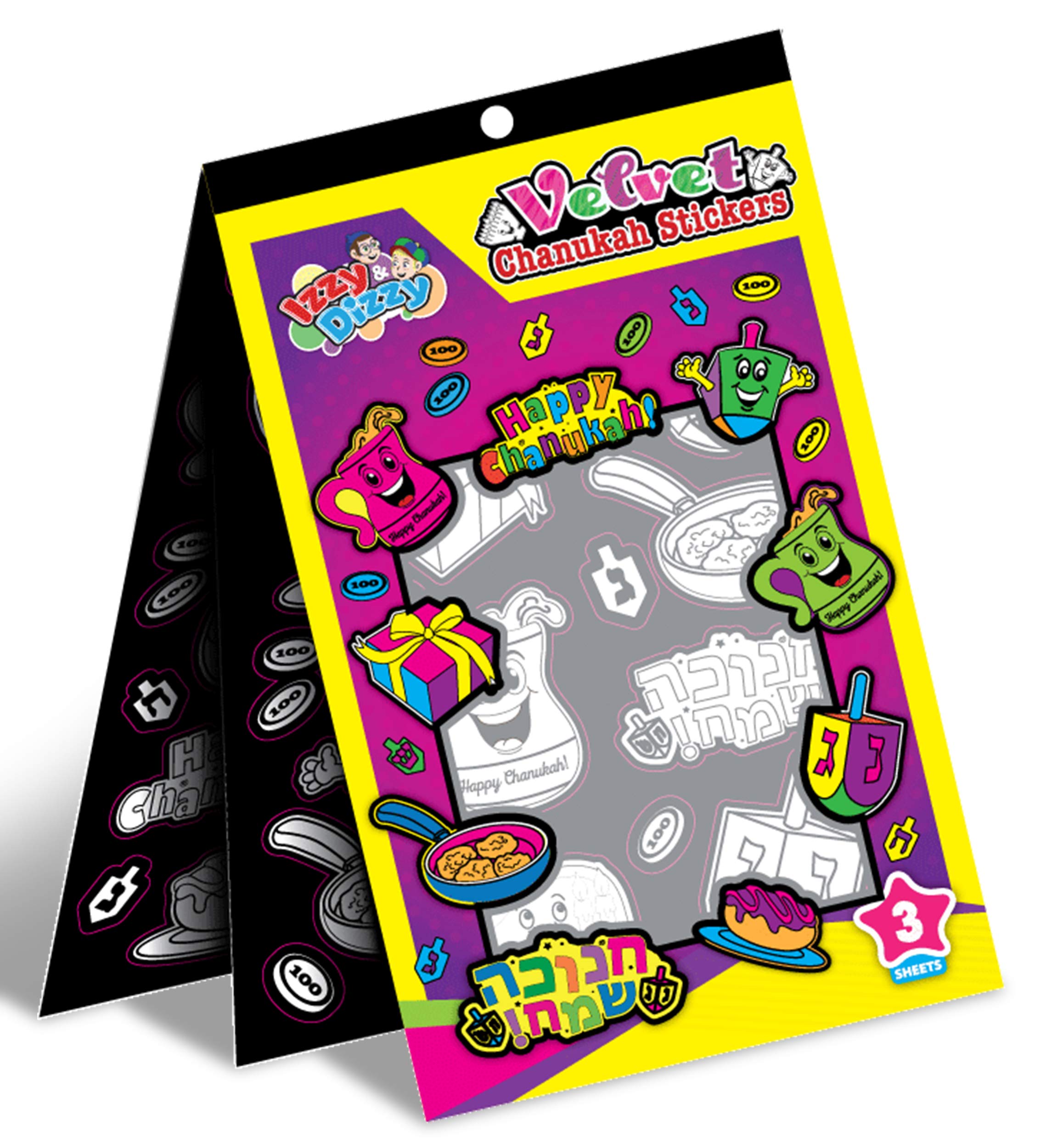 Izzy 'n' Dizzy Velvet Hanukkah Stickers, Black and White, 12 Sheets (Pack of 4), Chanukah Designs, Color and Peel, Fun Learning Activity
