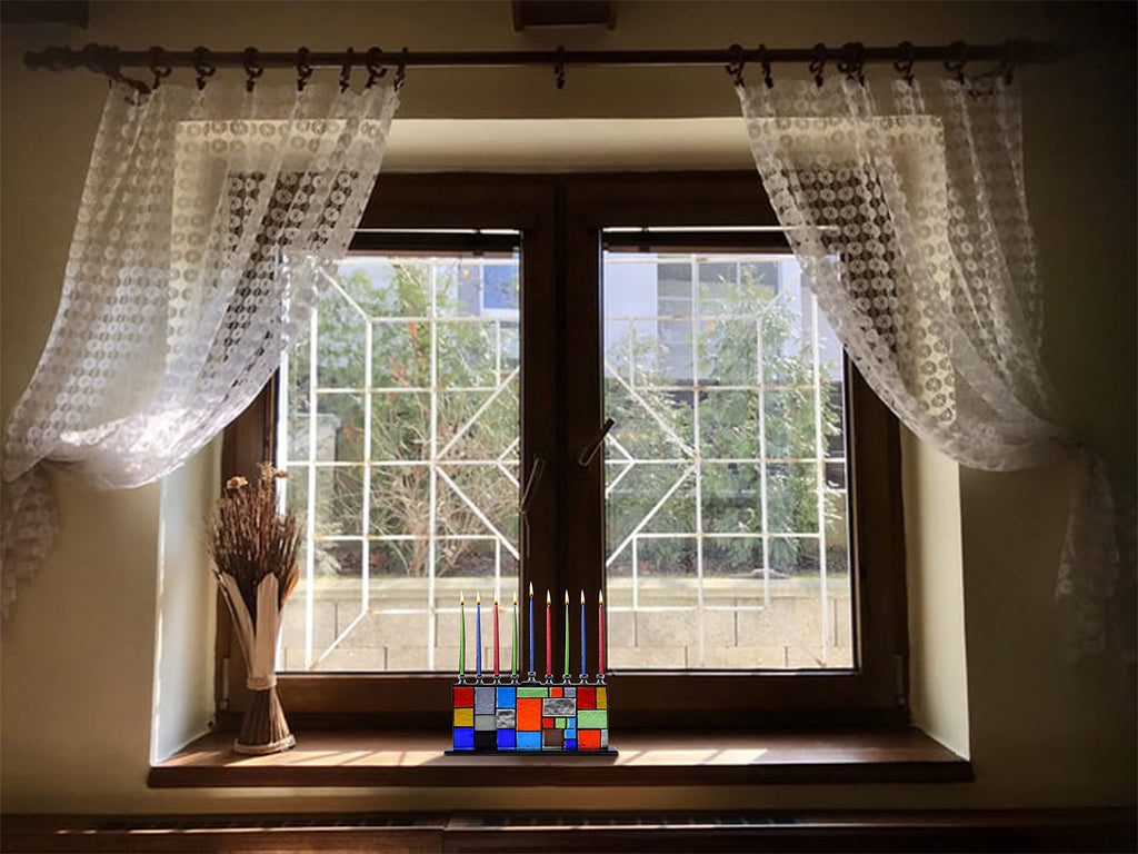 Ner Mitzvah Glass Hanukkah Menorah - Blue & White Stones - Handcrafted Painted Glass - Fits Standard Chanukah Candles