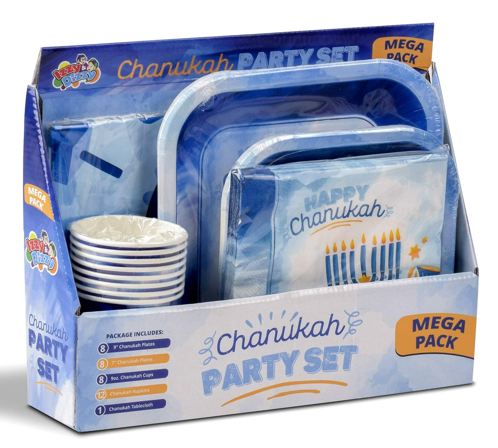 Izzy 'n' Dizzy Hanukkah Plates And Napkins Set - Hanukkah Party Set - 7" And 9" Plates, Cups, Napkins and Tablecloth - Serves 8