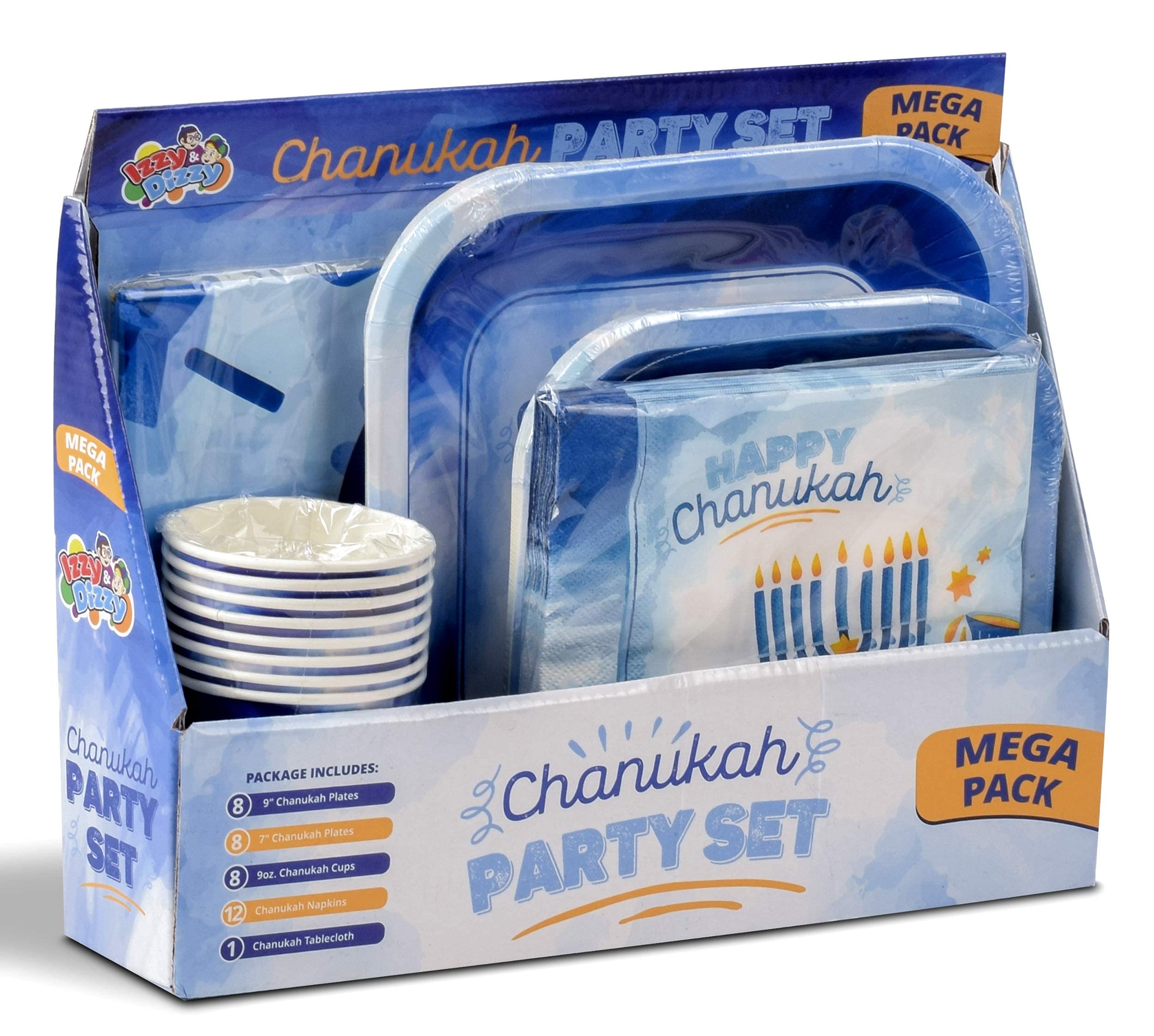 Izzy 'n' Dizzy Hanukkah Plates And Napkins Set - Hanukkah Party Set - 7" And 9" Plates, Cups, Napkins and Tablecloth - Serves 8