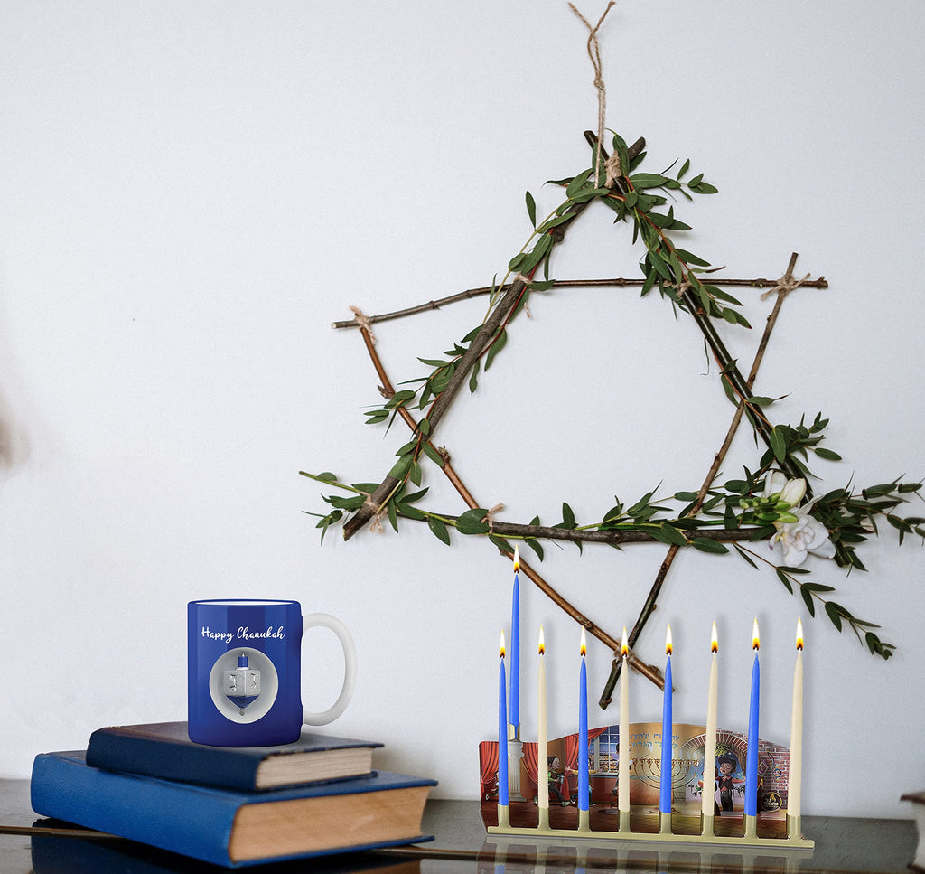 Ner Mitzvah Spinning Hanukkah Dreidel Mug - Happy Hanukkah Decorations - Blue & White Hanukkah Party Favors Idea