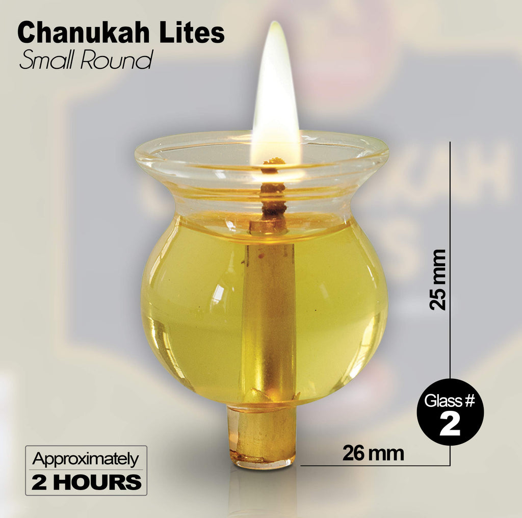 Menorah Jelled Oil Chanukah Lites - Small Round - 44 Pre-Filled Jelled Olive Oil Cup Candles - Quality Pure Olive Oil with Cotton Wicks in Glass Cup Burns Approx. 2 Hours