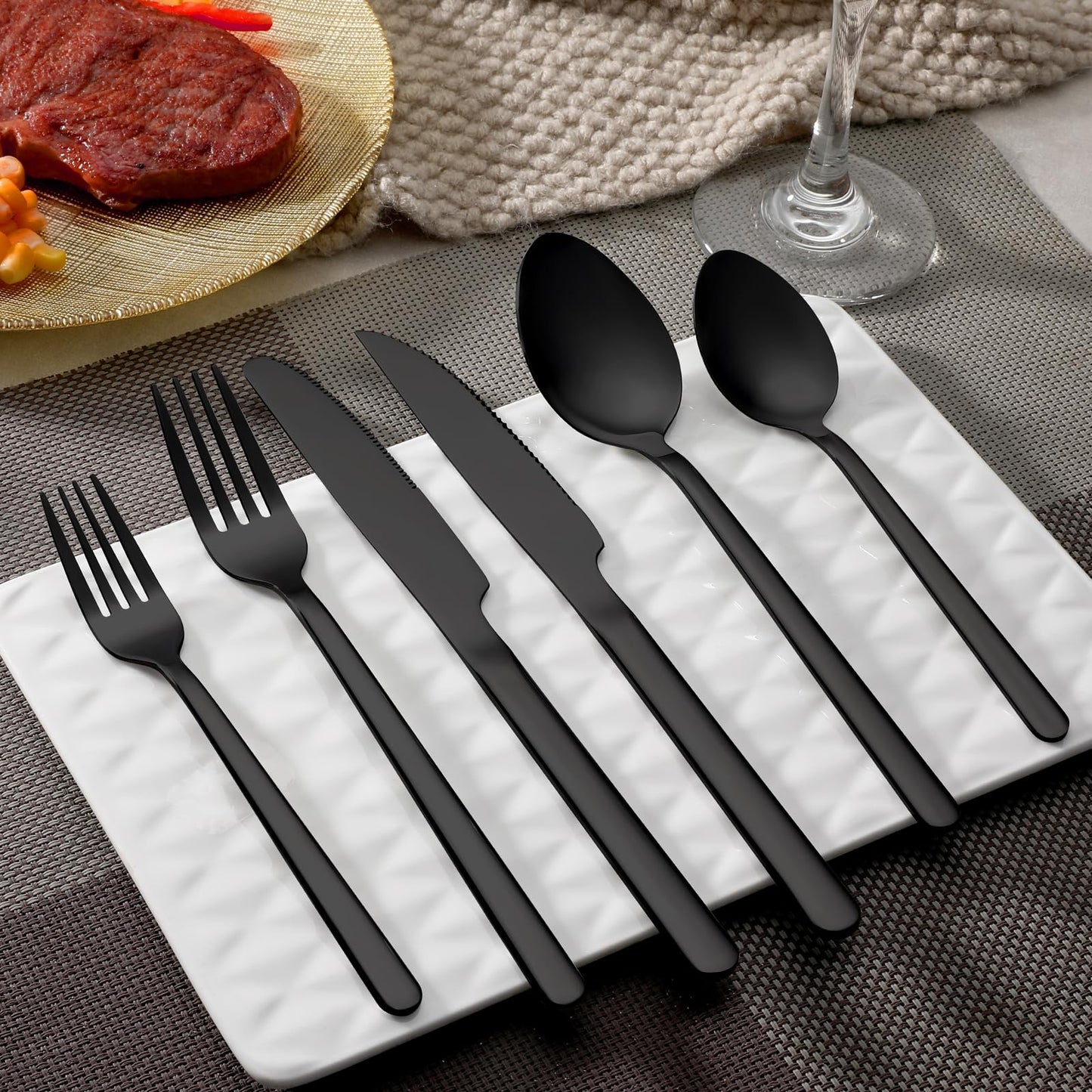 24 Pcs Black Silverware Set with Steak Knives, Food-Grade Stainless Steel Flatware Cutlery Set for 4, Mirror Polished Tableware Eating Utensils Set for Kitchen, Knife Fork Spoon Set, Dishwasher Safe