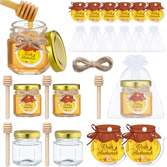 Funnymoom 6 Pcs Rosh Hashana Honey Jars Gifts with Tags, Dippers, Lids, Gift Bags and Jute 1.5 oz Small Hexagon Glass Honey Jars for New Year Hostess Party Favors Shana Tova Decor Table Decorations