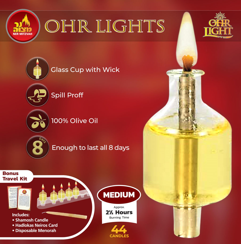 Ner Mitzvah Pre - Filled Menorah Oil Cup Candles, Hanukkah Ohr Lights, 100% Olive Oil with Cotton Wick in Glass Cup - Medium (Pack of 44) Burns Approx. 2 1/2 Hrs