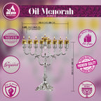 Ner Mitzvah Silver Plated Oil Menorah - Fits Standard Chanukah Oil Cups and Large Candles - Embossed Design, Square Base - 11” High