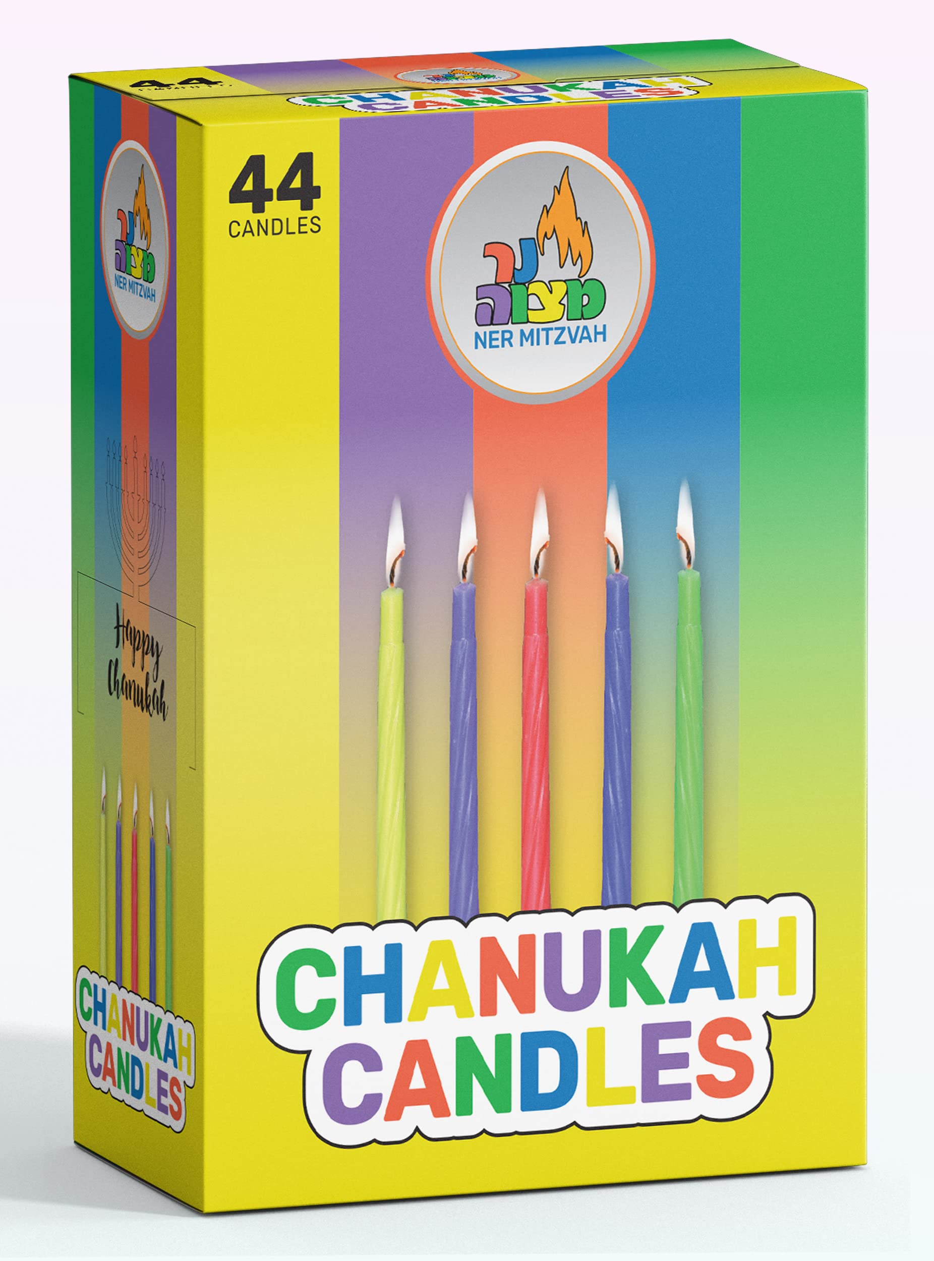 Ner Mitzvah Colorful Chanukah Candles 1-Pack - Standard Size Fits Most Menorahs - Premium Quality Wax - Assorted Colors - Bulk Pack for All 8 Nights of Hanukkah