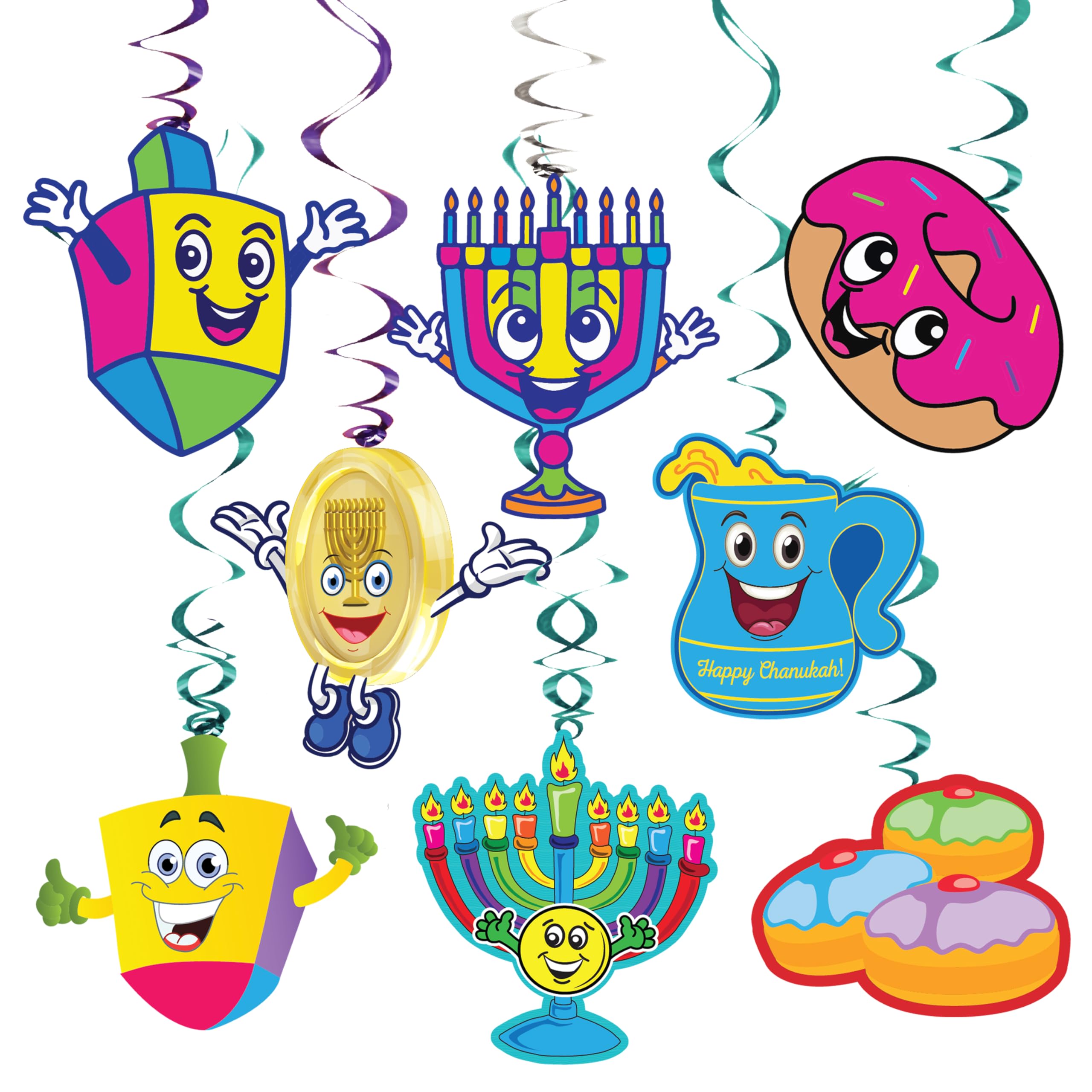 Izzy 'n' Dizzy Hanukkah Swirl Decorations, 8 Foil Swirls with 8 Hanukkah Cutouts, Menorah, Dreidel and Gelt Decorations - Multicolored