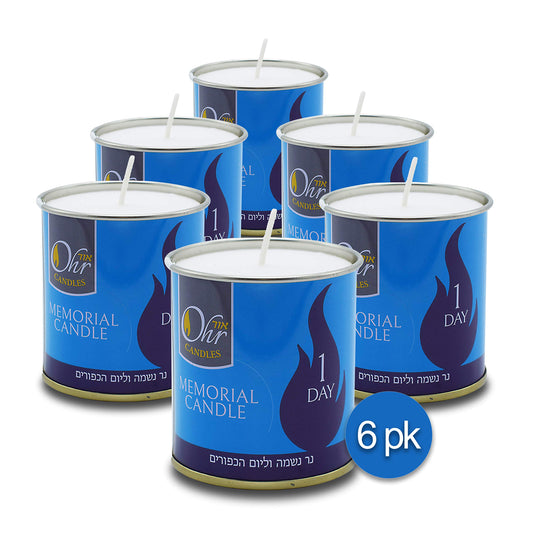 1 Day Yahrzeit Candle - 6 Pack - 24 Hour Kosher Yahrtzeit Memorial and Yom Kippur Candle in Tin Cup Holder