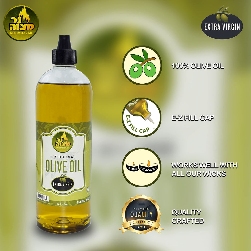 Ner Mitzvah Olive Oil for Candle Lighting - 32 Ounce - Extra Virgin Olive Oil - Use as Menorah Oil Mason Jar Candles