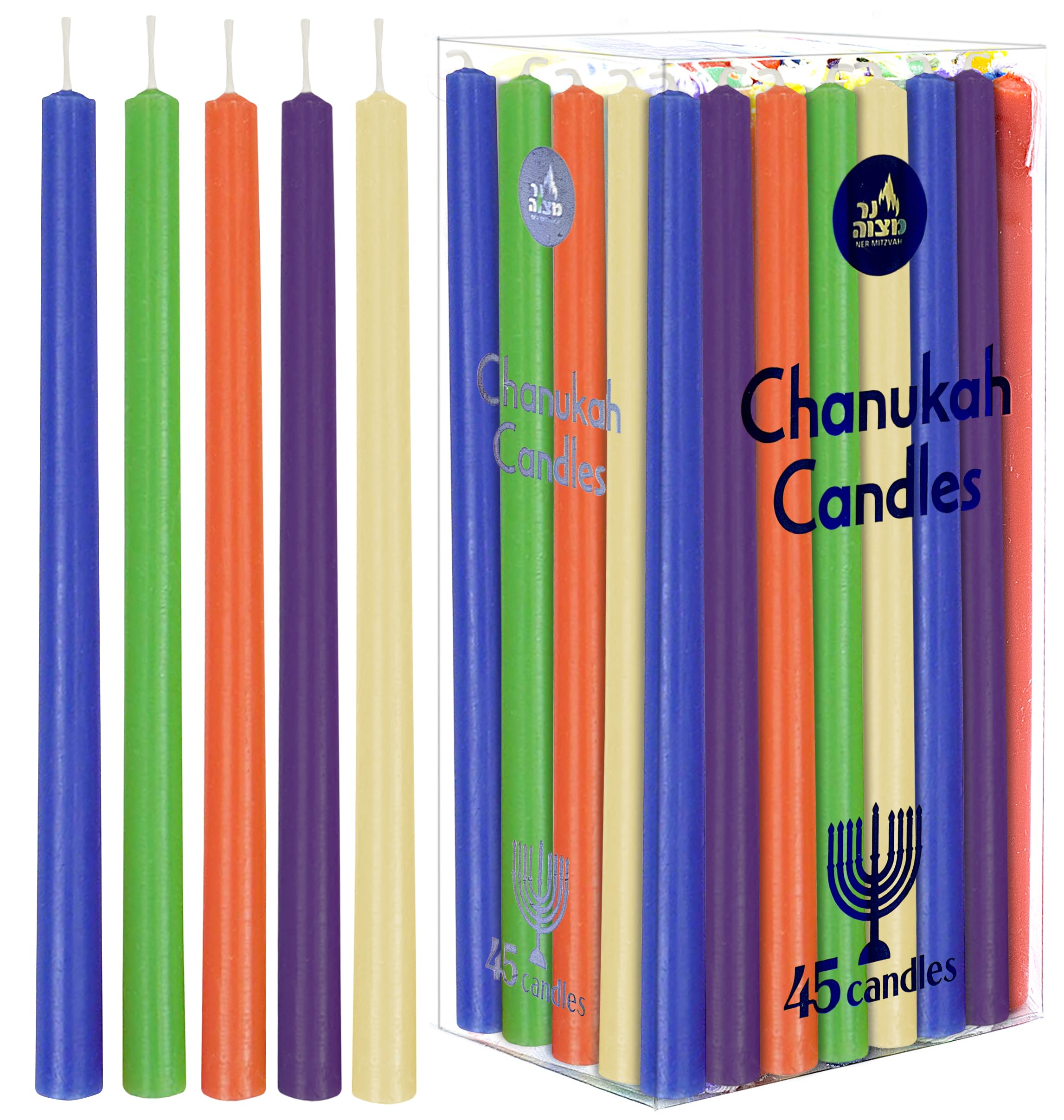 Ner Mitzvah Colorful Long Chanukah Candles, Diameter Fits Most Menorahs, Premium Quality Wax, Assorted Colors for All 8 Nights of Hanukkah - Standard Size - 45 Count