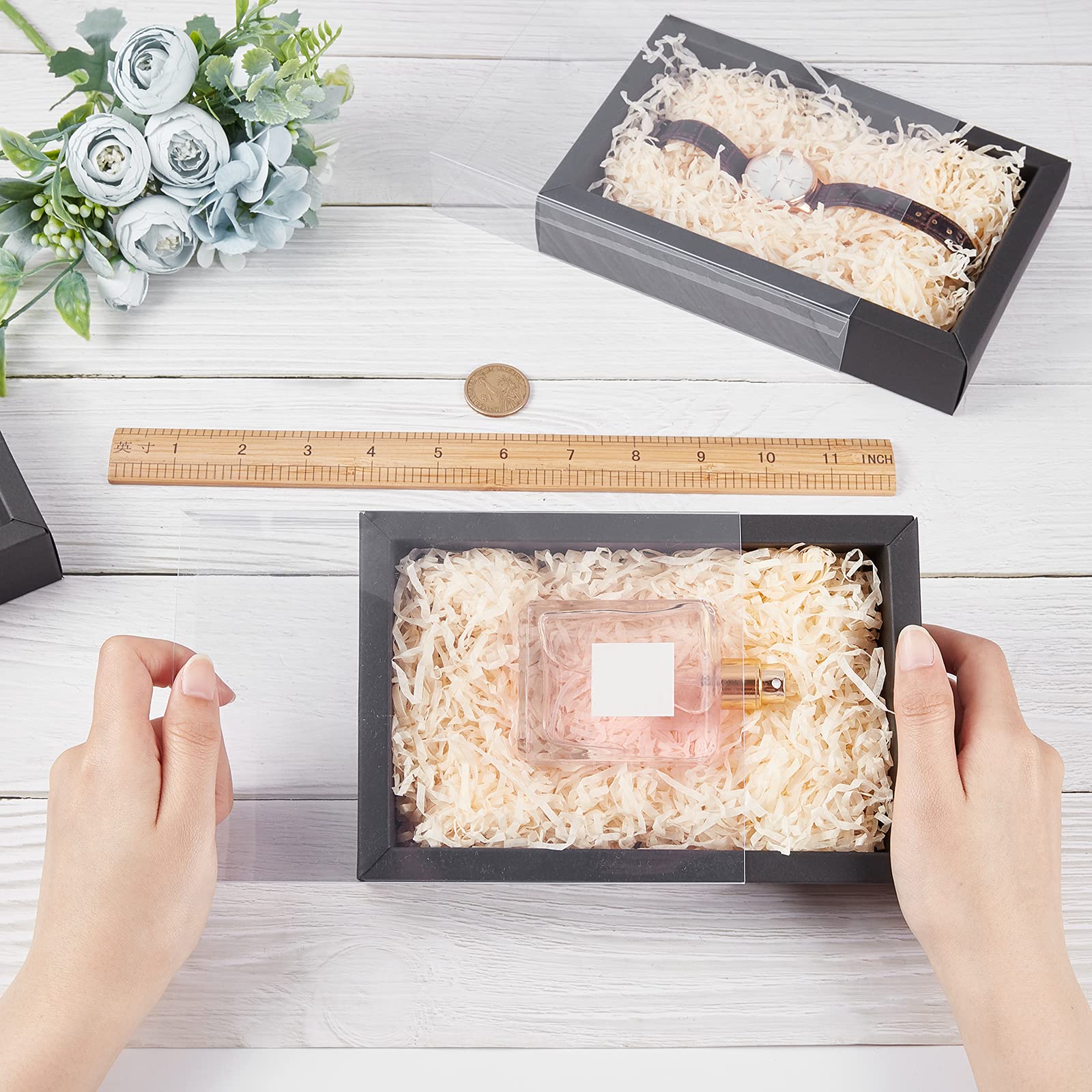 12 Pack Black Drawer Kraft Boxes with PVC Plastic Window 7.3x5x1.4