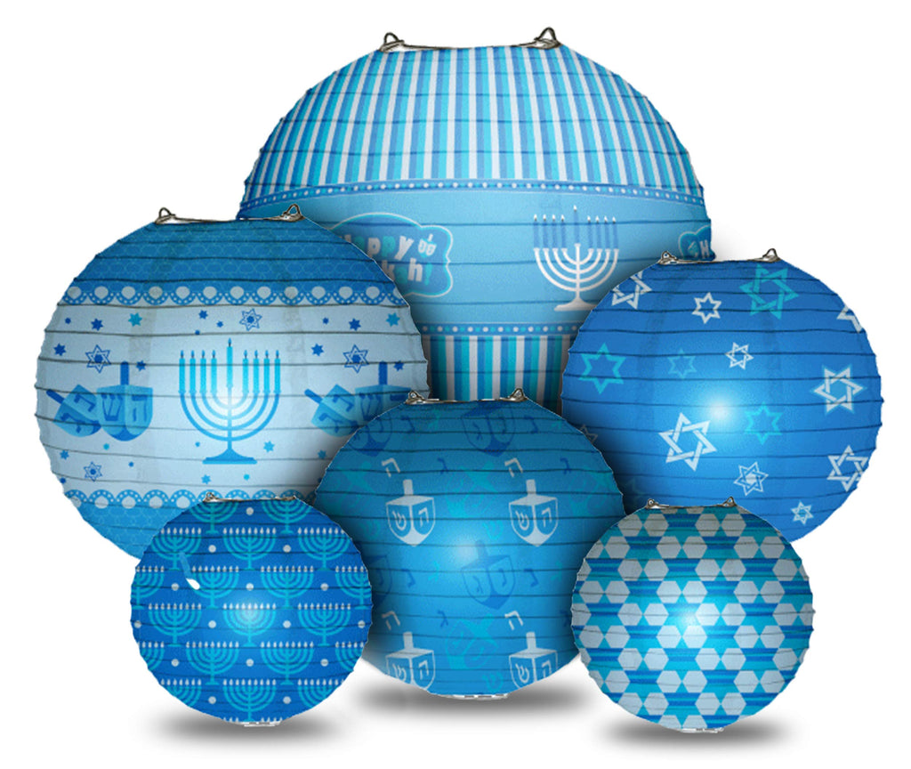 Izzy 'n' Dizzy Happy Hanukkah LED Hanging Lanterns Set - 6 Blue Paper Lanterns with LED Lights - Chanukah Decor