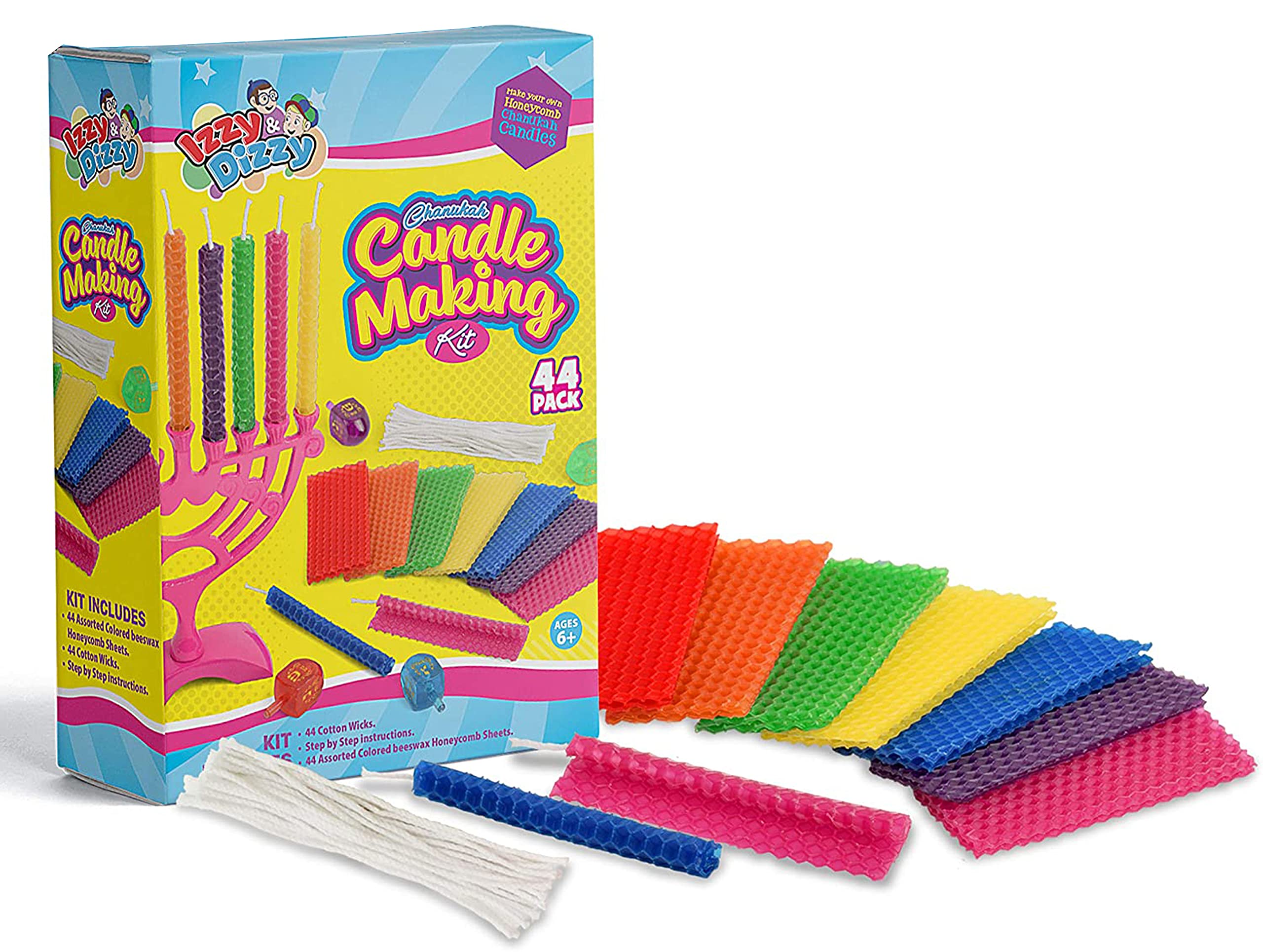 Izzy 'n' Dizzy Hanukkah Candle Making Kit - Includes 44 Beeswax Honeycomb Sheets, 44 Cotton Wicks, Instructions - Chanukah Arts and Crafts