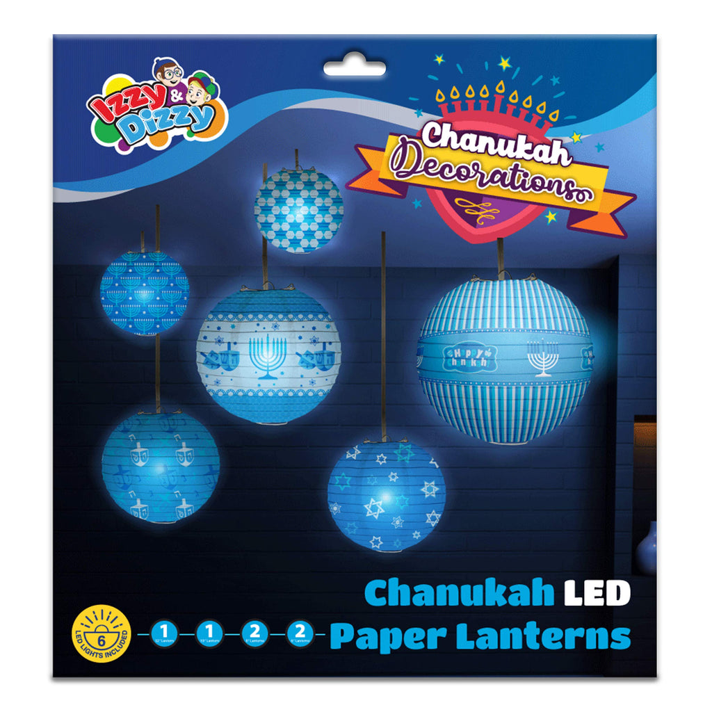 Izzy 'n' Dizzy Happy Hanukkah LED Hanging Lanterns Set - 6 Blue Paper Lanterns with LED Lights - Chanukah Decor