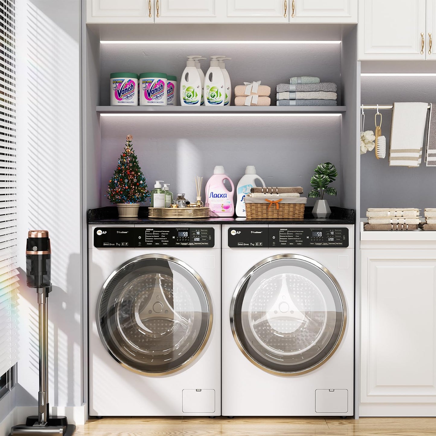 Aheaplus Washer and Dryer Countertop, Laundry Room Organization with Non-Slip Pads, Wood Shelf Topper with Round Corner Edge Rails, Folding Organizer for Laundry, 54" W x 27.5" D, Black Marble