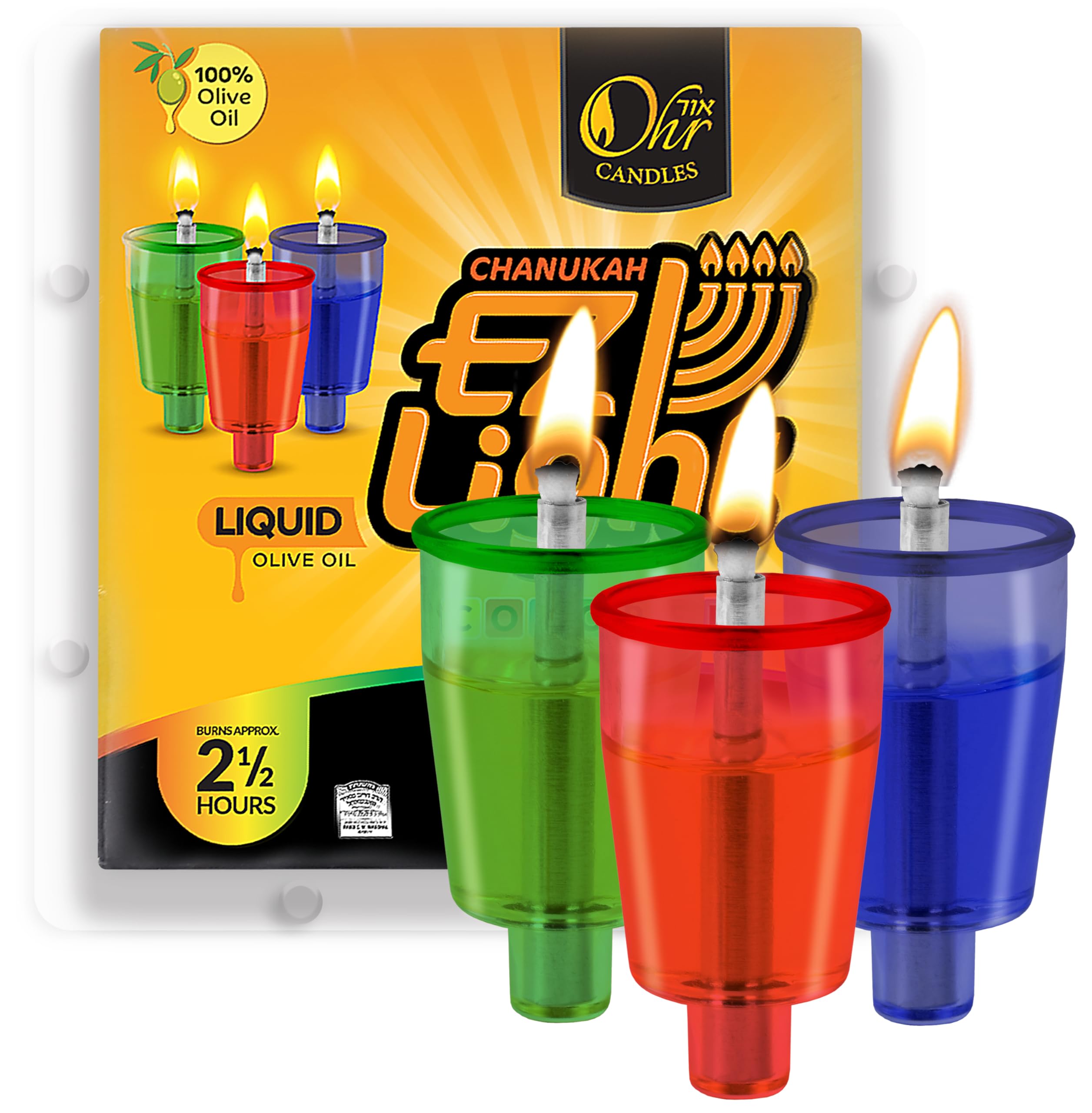 OHR CANDLES Pre - Filled Colored Menorah Oil Cup Candles, Hanukkah EZ Lights, 100% Olive Oil with Cotton Wick in Plastic Cup, Medium (Pack of 44) - Burns Approx, 1/2 Hrs