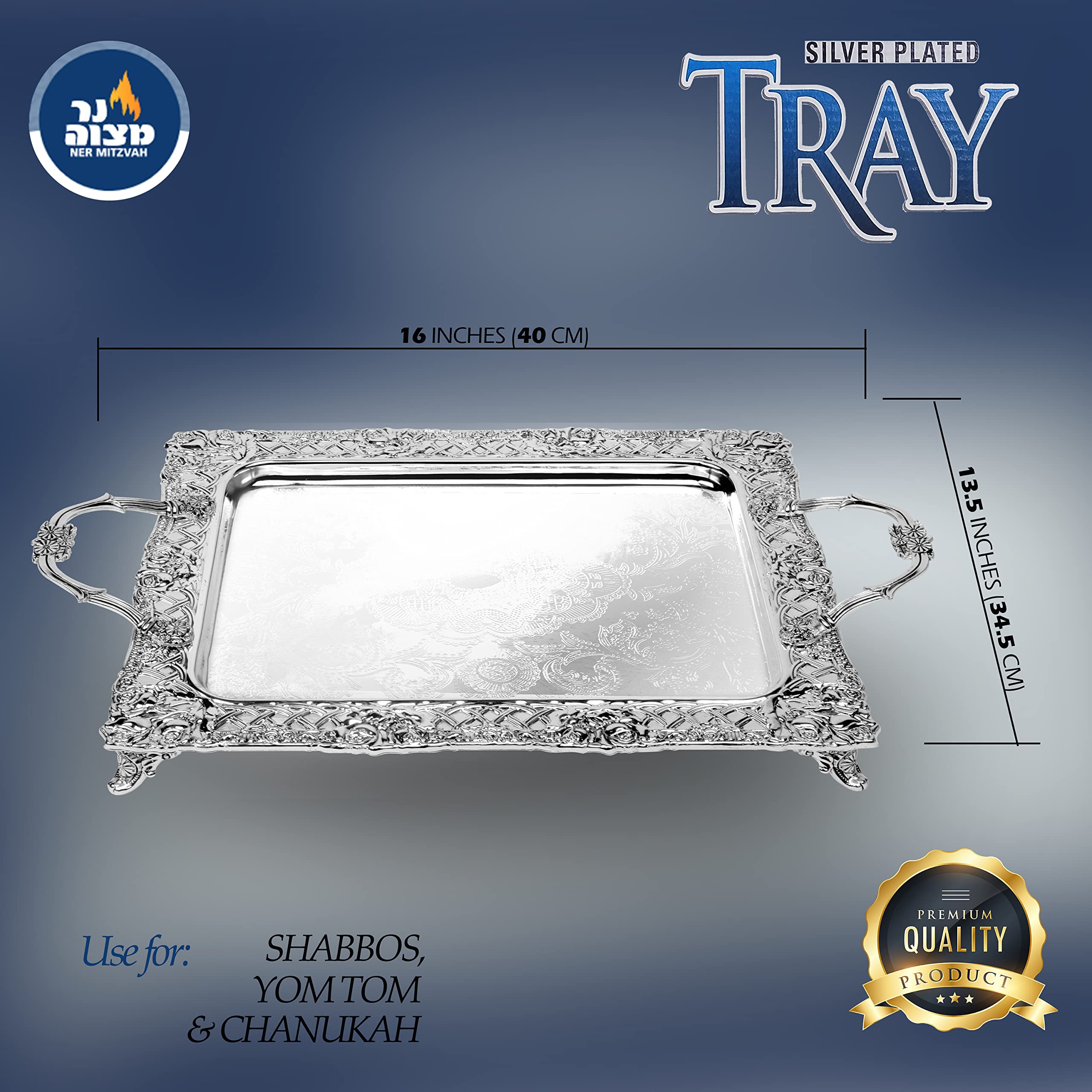 Silver Plated Menorah Tray with Handles - 16 Inch x 13.5 Inch - for Shabbos, Yom Tov, Hanukkah Drip Tray - Large Square Silver Tray - Ner Mitzvah