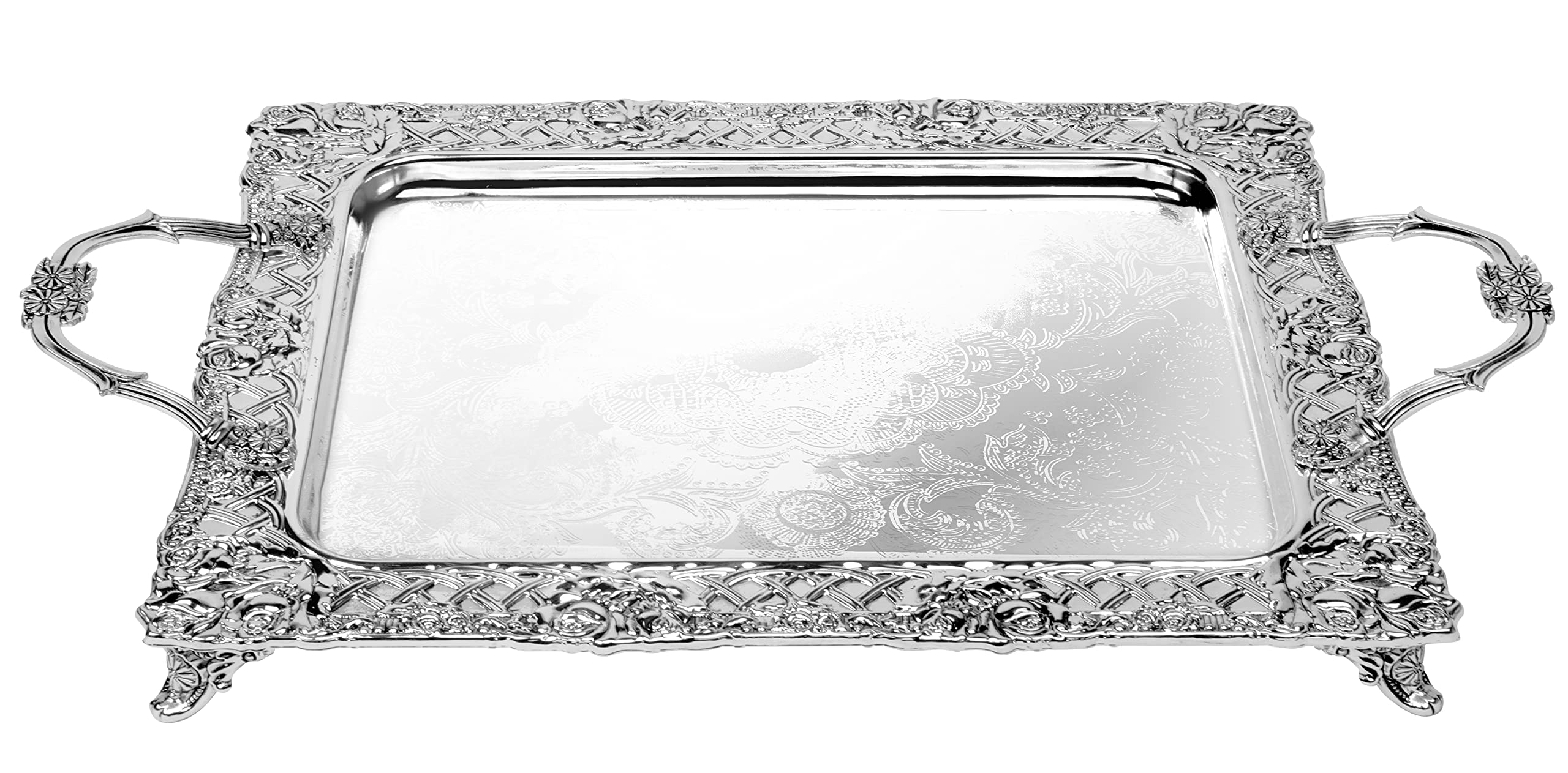 Silver Plated Menorah Tray with Handles - 16 Inch x 13.5 Inch - for Shabbos, Yom Tov, Hanukkah Drip Tray - Large Square Silver Tray - Ner Mitzvah