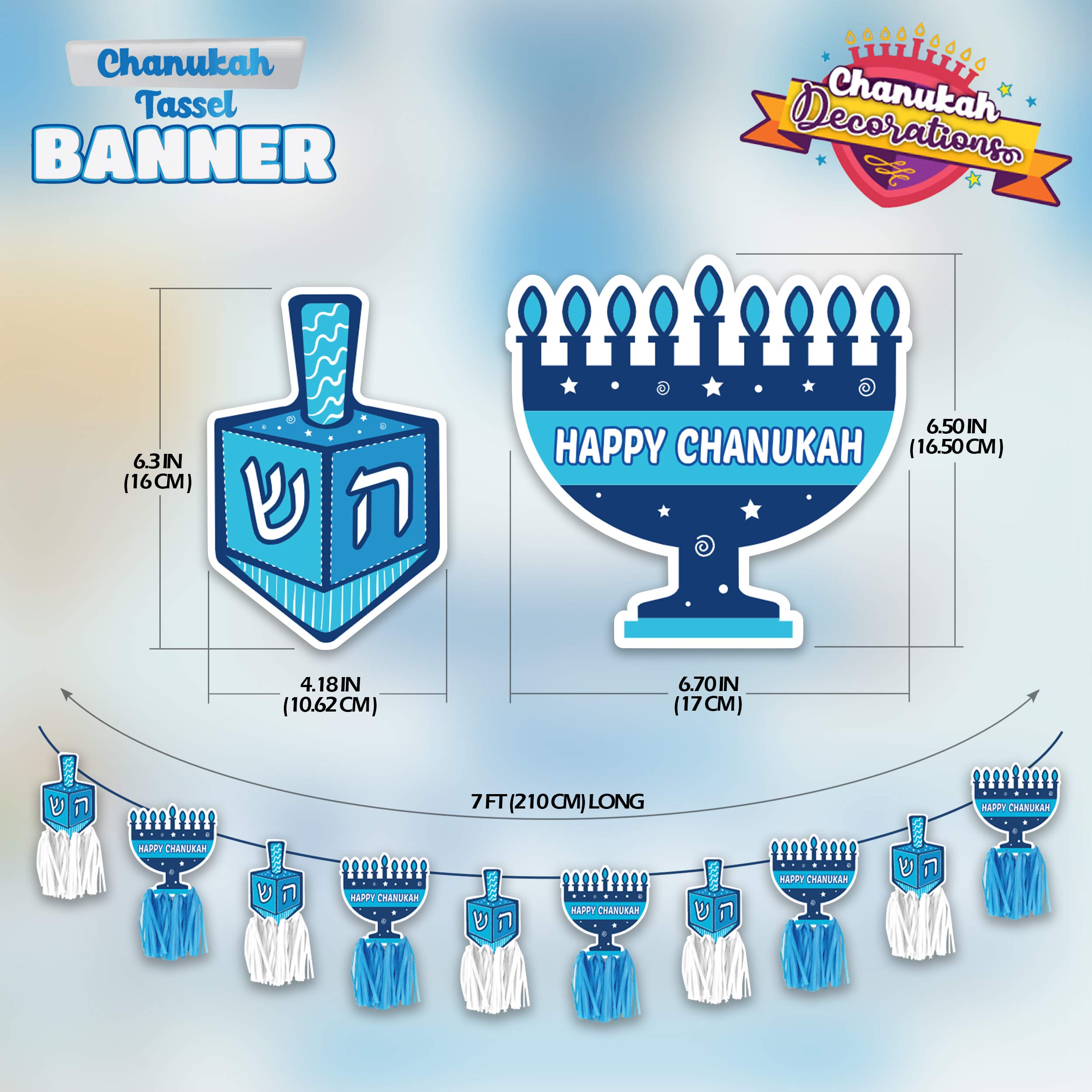 Izzy 'n' Dizzy Happy Hanukkah Banner, Chanukah and Tassel Banner, Holiday Party Decorations - Blue and White