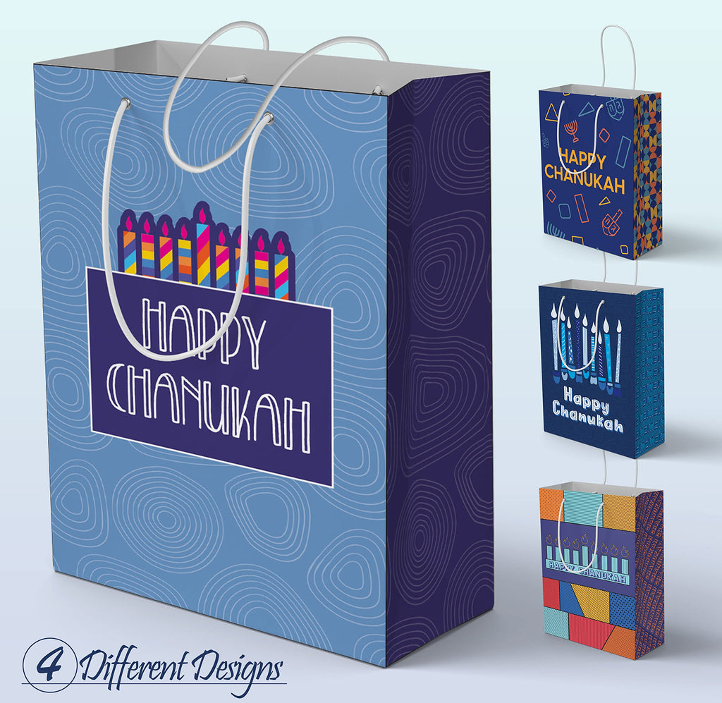 The Hanukkah Company Gift Bags - Chanukah Gift Bags, 4 Assorted Hannukah Designs - 5 x 8 Inch - Blue, Small (Pack of 4)
