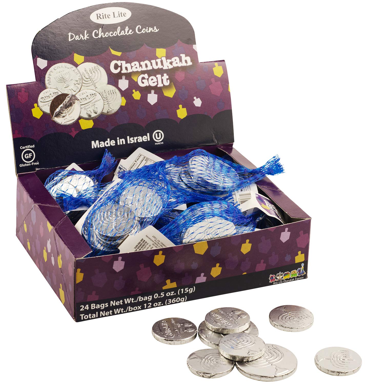 Rite Lite Chanukah Dark Chocolate Gelt Chocolate Large Coins - 24 Bags In a Display Box - .5 Ounces of Chocolate Extra Large Coins, 1 Extra Large and 3 Small Coins Pack of 24 Hanukkah (Non Dairy)