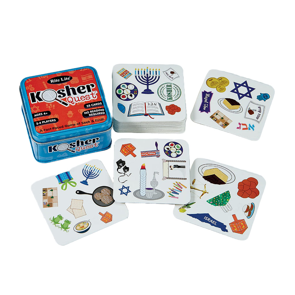 Kosher Quest Card Game by Rite Lite - Fun Seek & Find Jewish Holiday Game for Kids Ages 4+ - Includes 55 Illustrated Cards - 2-4 Players - No Reading Required - Perfect for Hanukkah Family Gatherings