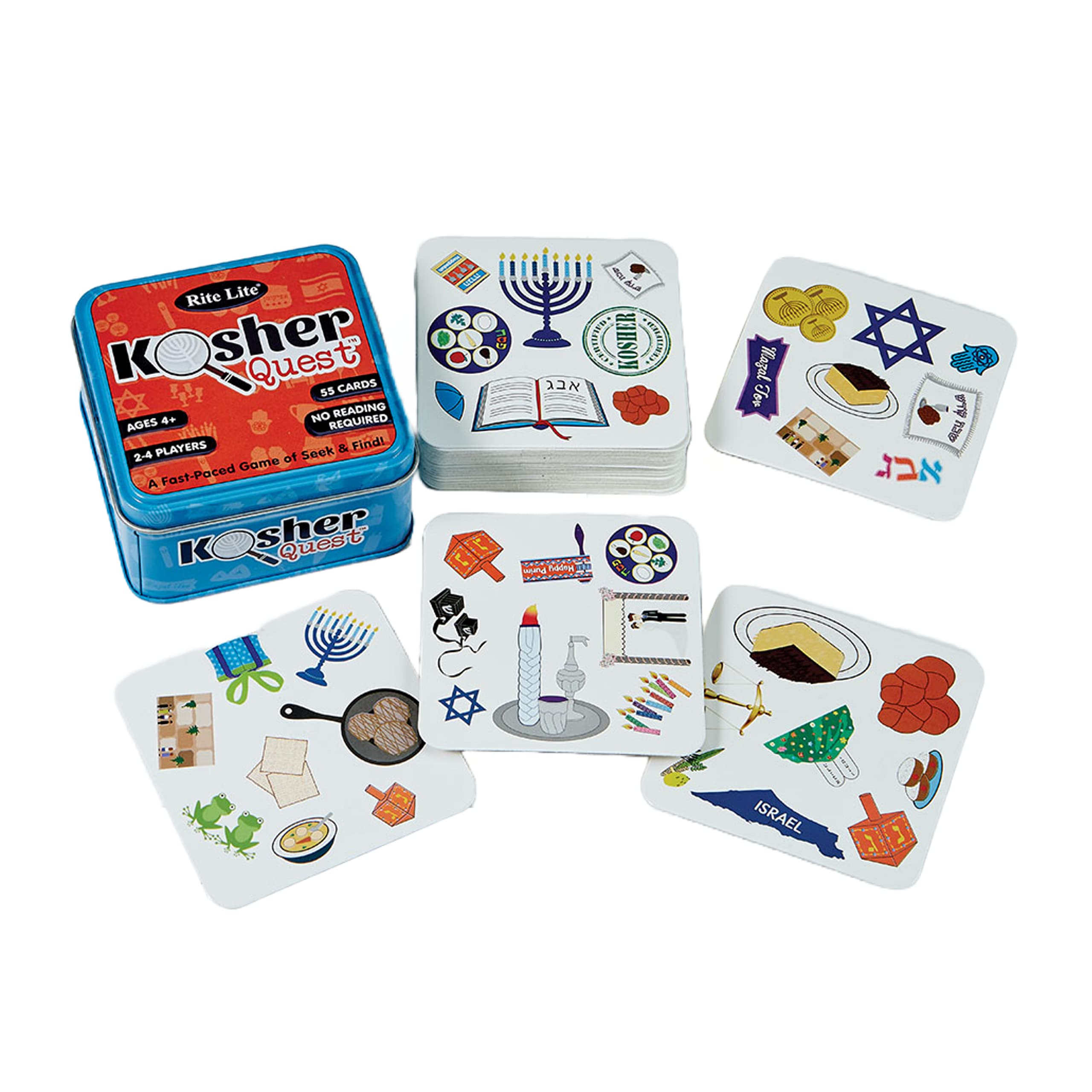 Kosher Quest Card Game by Rite Lite - Fun Seek & Find Jewish Holiday Game for Kids Ages 4+ - Includes 55 Illustrated Cards - 2-4 Players - No Reading Required - Perfect for Hanukkah Family Gatherings