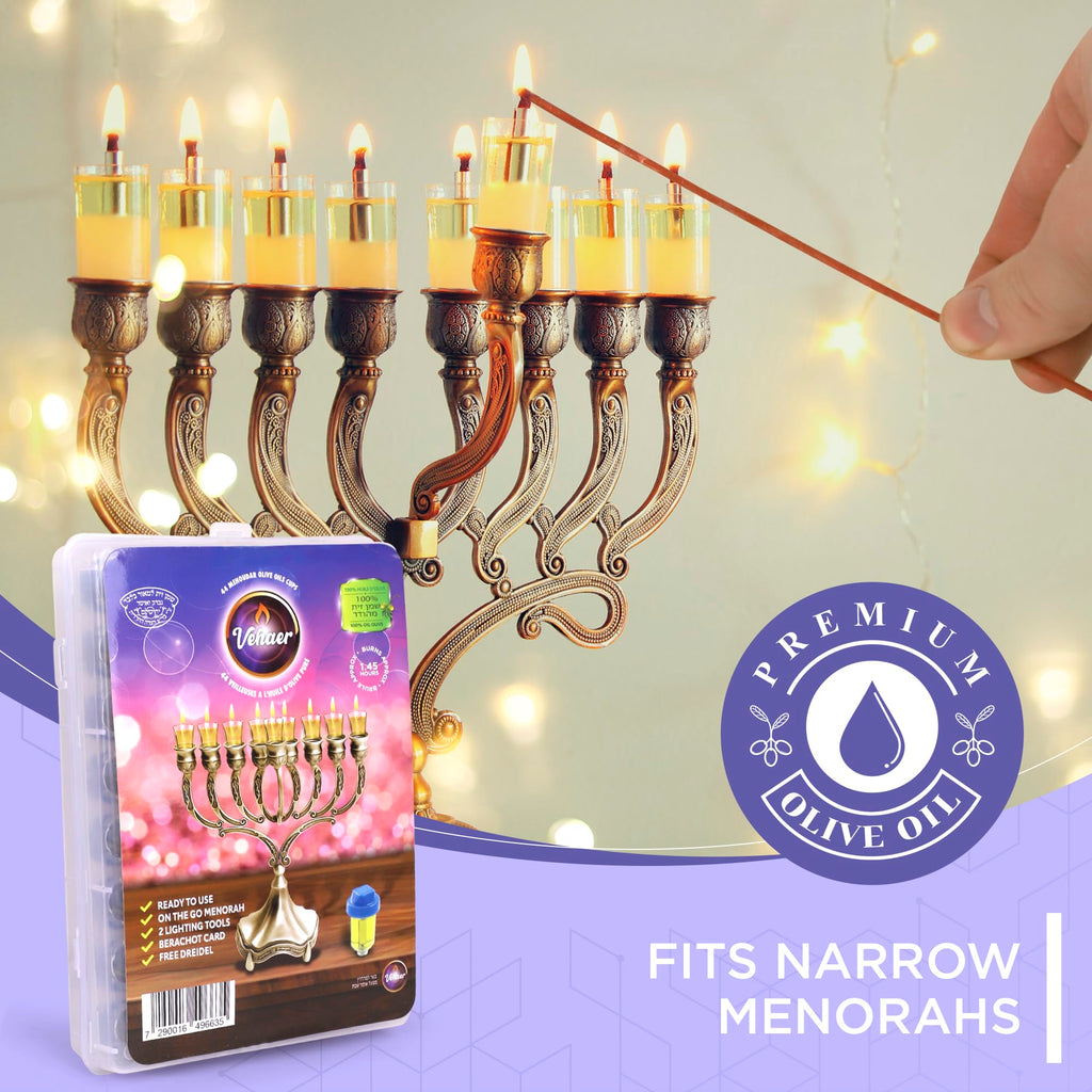 Vehaer 44 Prefilled Cups, 1.45 Burn, Hanukkah, Chanukah Oil, Olive Oil Ready to Use, Fits Most Menorah, FIts Candle Menorahs (Liquid Oil Small)