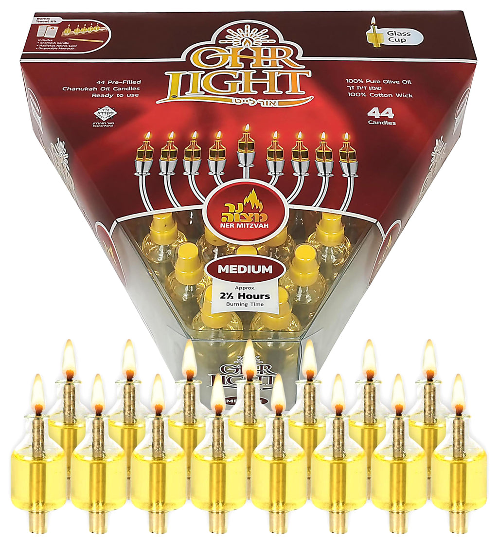 Ner Mitzvah Pre - Filled Menorah Oil Cup Candles, Hanukkah Ohr Lights, 100% Olive Oil with Cotton Wick in Glass Cup - Medium (Pack of 44) Burns Approx. 2 1/2 Hrs