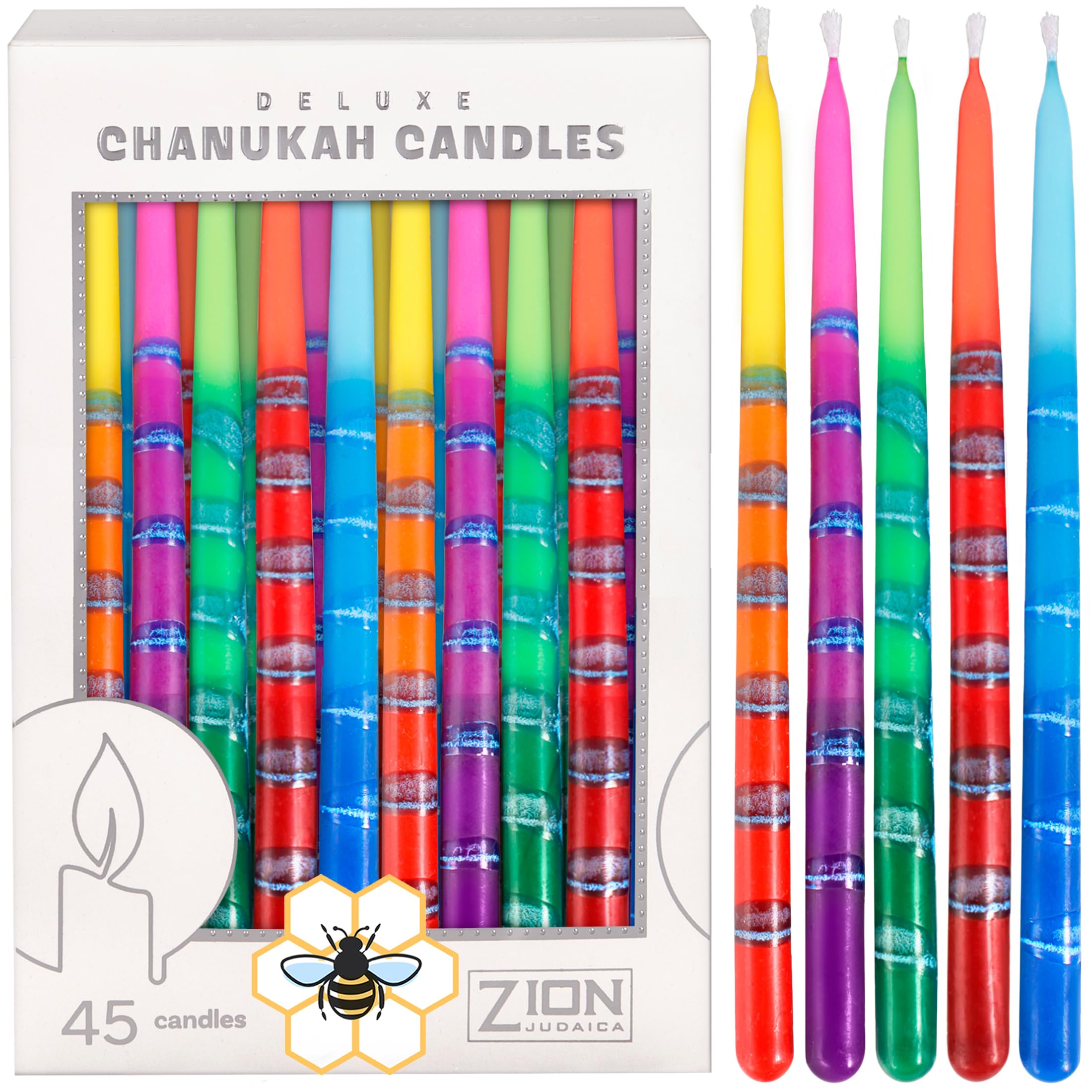 Zion Judaica Natural Beeswax Colorful Hanukkah Candles 45 Multi-Color Chanukah Natural Bees Wax Menorah Candles 0.38" Fits Standard Menorahs Dreidel & Minorah Prayer Card Hanukah Birthday Party Decor