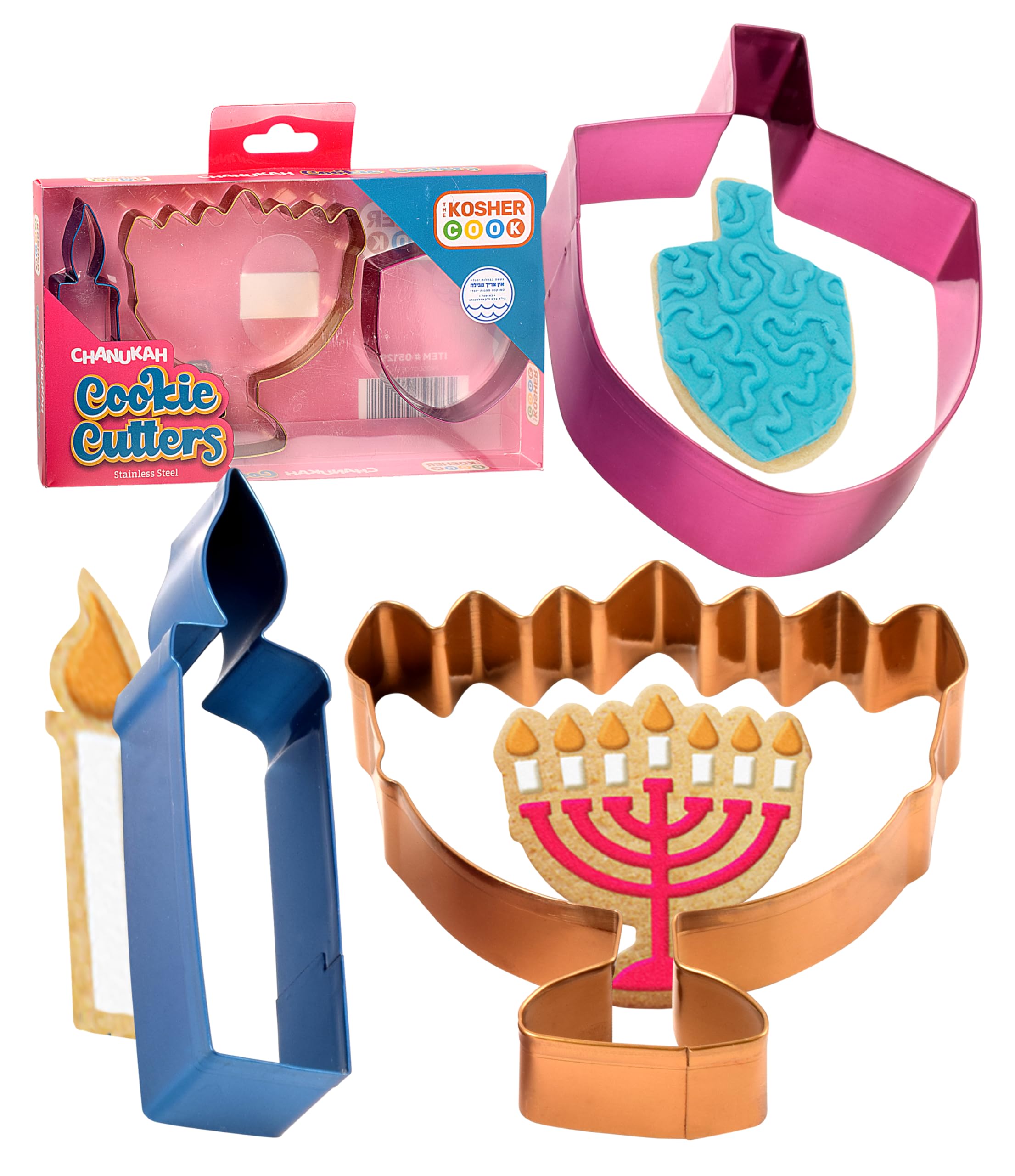 The Kosher Cook Hanukkah Multicolored Stainless Steel Chanukah Cookie Cutters, 3 Piece Set