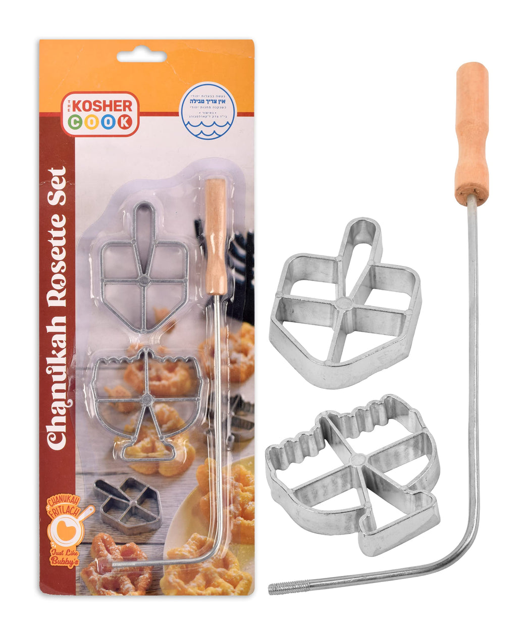 The Kosher Cook Chanukah Fritlach Rosette Maker, Stainless Steel Rosette Iron Set With Handle, Hanukkah Set, Dreidel and Menorah Mold (3 Piece)
