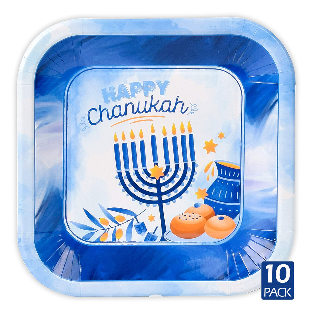 Izzy 'n' Dizzy Hanukkah Plates - 9 Inch - 10 Pack - Hanukkah Paper Goods - Blue and White Chanukah Themed Party Supplies