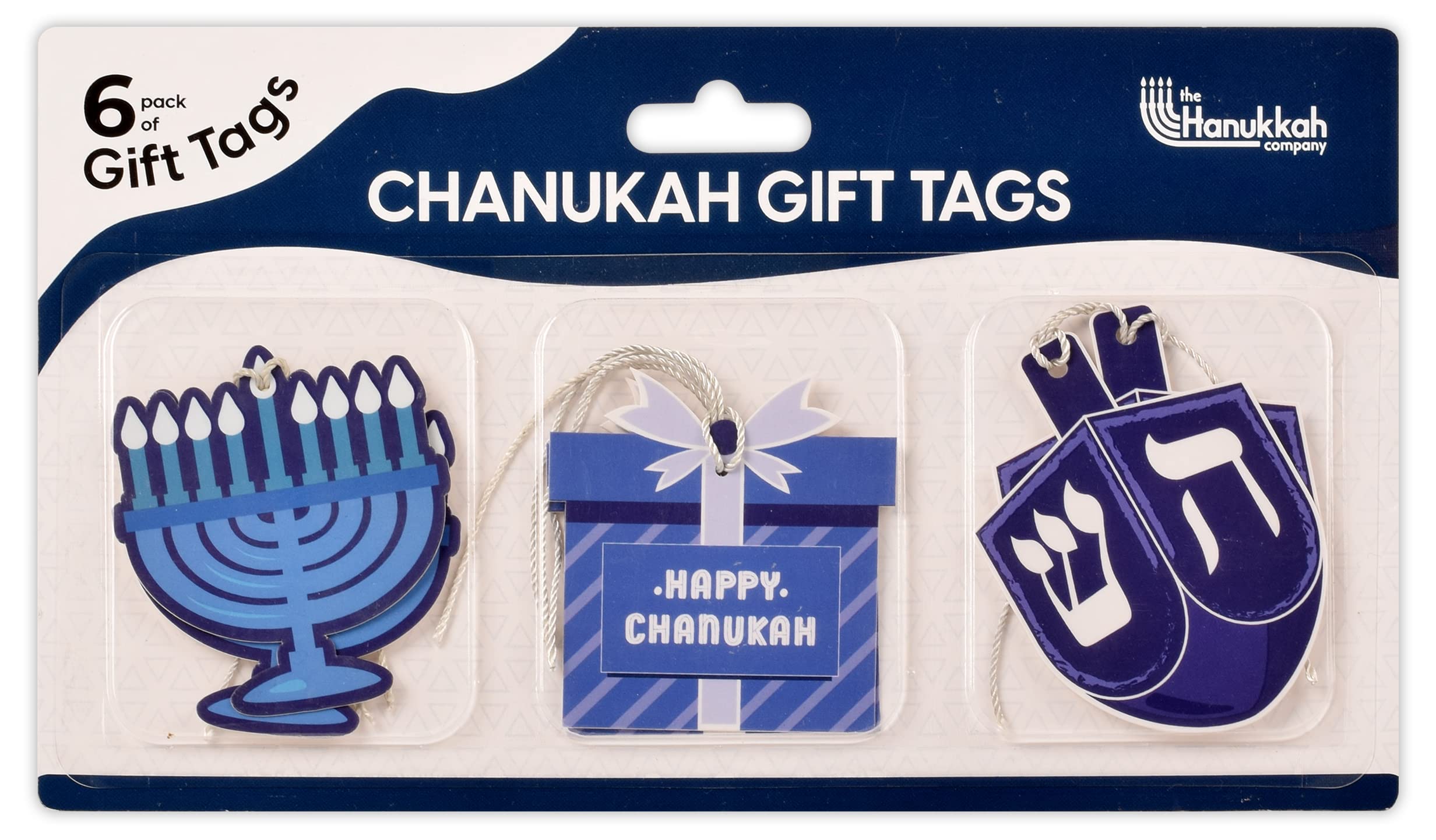 Hanukkah Gift Tags - 6 Hanging Chanukah Gift Tags - Assorted Hannukah Menorah and Dreidel Design - Blue Gift Tag