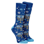 Menorah Hanukkah Fuzzy Socks - Cozy Winter Holiday Crew Socks Unisex Size 10-13 - Soft Festive Blue Menorah Design with Snowflakes - Perfect Warm Gift for Chanukah Celebration