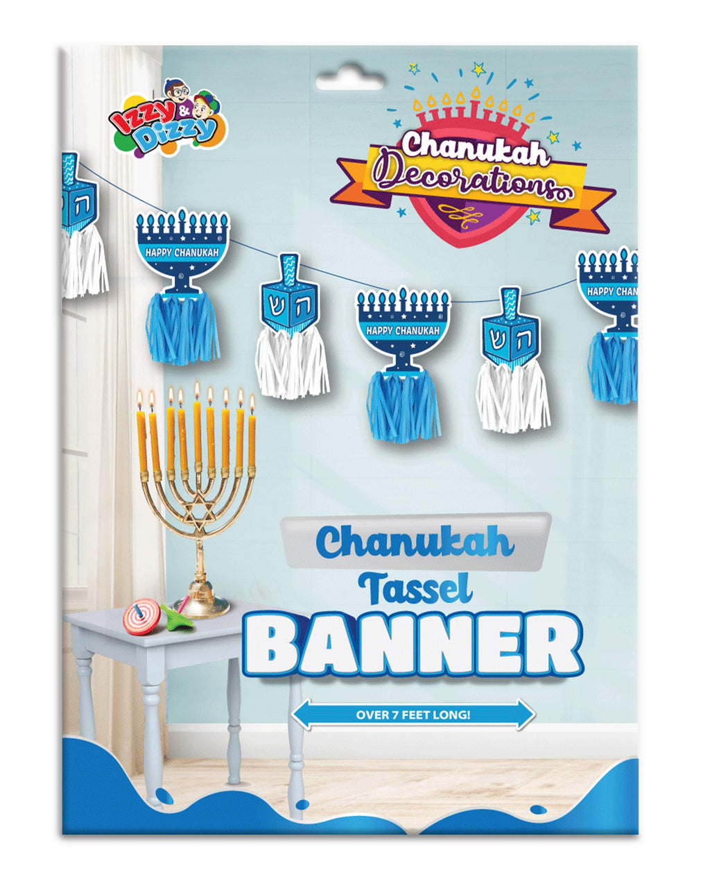 Izzy 'n' Dizzy Happy Hanukkah Banner, Chanukah and Tassel Banner, Holiday Party Decorations - Blue and White