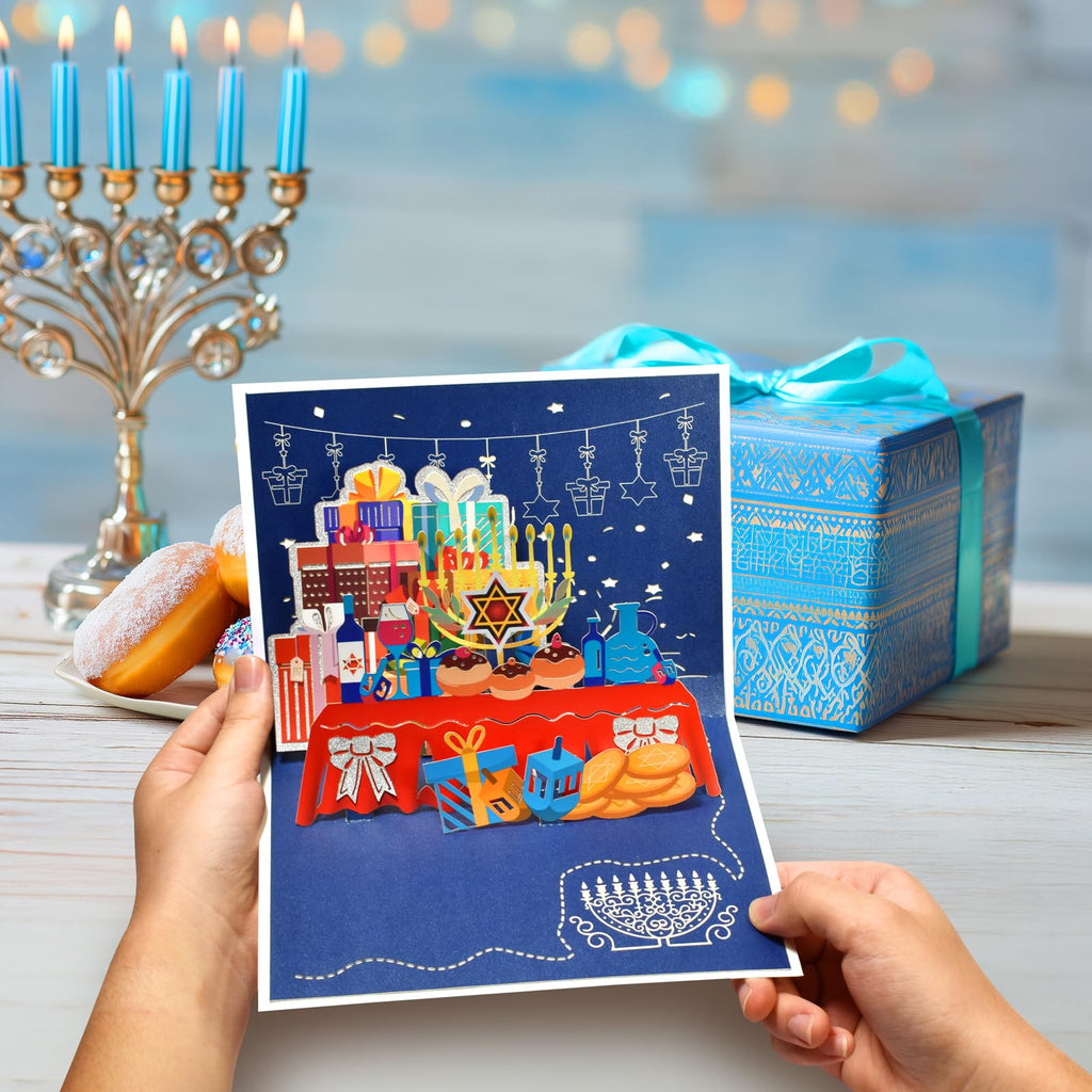 Hanukkah 3D Pop Up Greeting Card – Holiday Card with Menorah, Candles, Dreidel, and Star of David – Festival of Lights Jewish Greeting Card for Family, Friends, and Loved Ones with Envelope & Blank Note Card