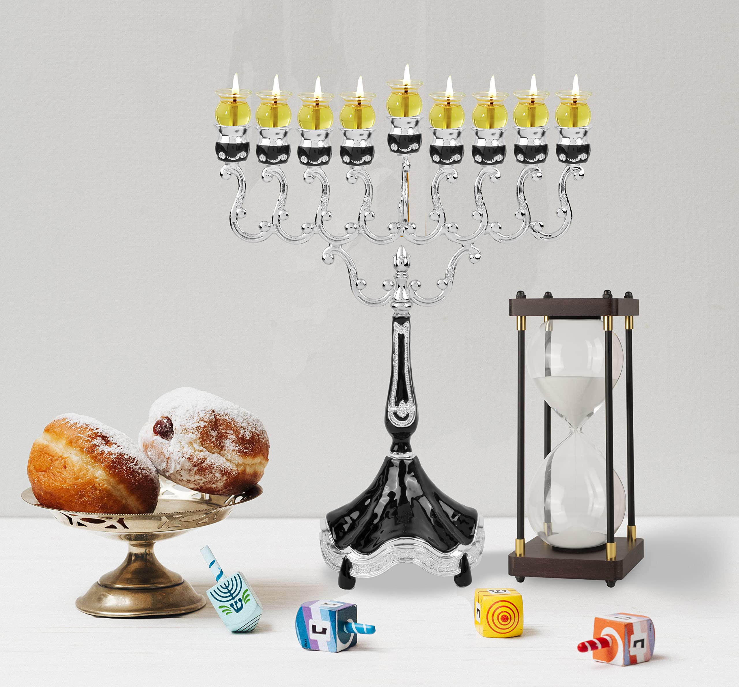 Ner Mitzvah Chanukah Menorah Sand Timer - Beautiful Mahogany Hanukkah Table Decorations - 30 Minute Timer for Chanukah Candle Lighting