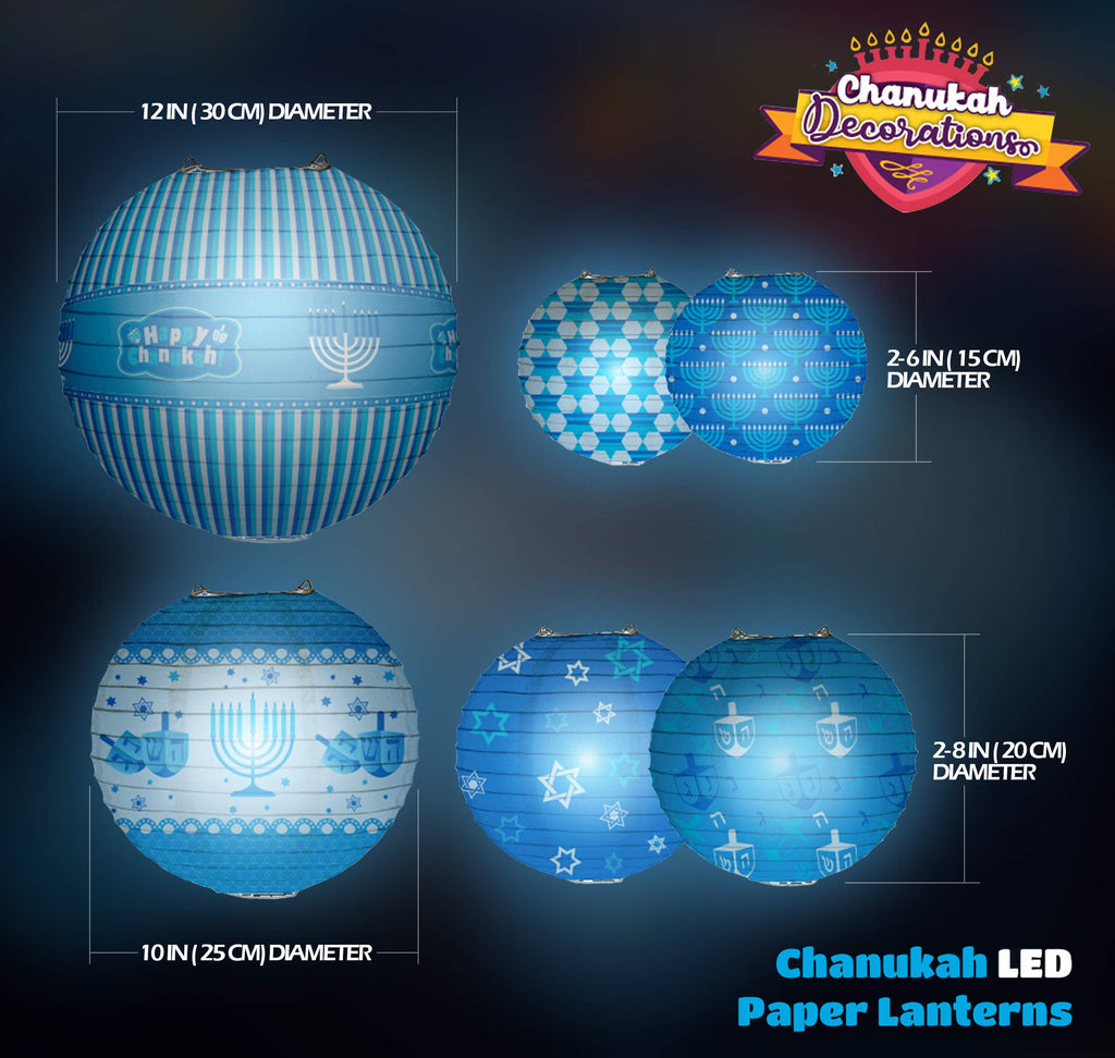 Izzy 'n' Dizzy Happy Hanukkah LED Hanging Lanterns Set - 6 Blue Paper Lanterns with LED Lights - Chanukah Decor