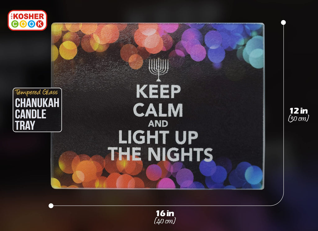 The Kosher Cook Chanukah Themed Serving Tray – “Keep Calm and Light Up The Nights” Decorative Tempered Glass Plate – 12” x 16” - Chanuka Party and Gift Items