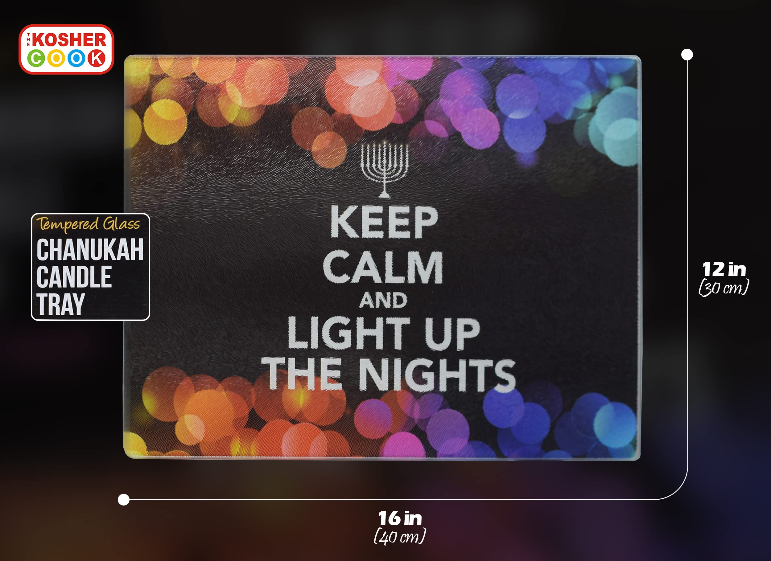 The Kosher Cook Chanukah Themed Serving Tray – “Keep Calm and Light Up The Nights” Decorative Tempered Glass Plate – 12” x 16” - Chanuka Party and Gift Items