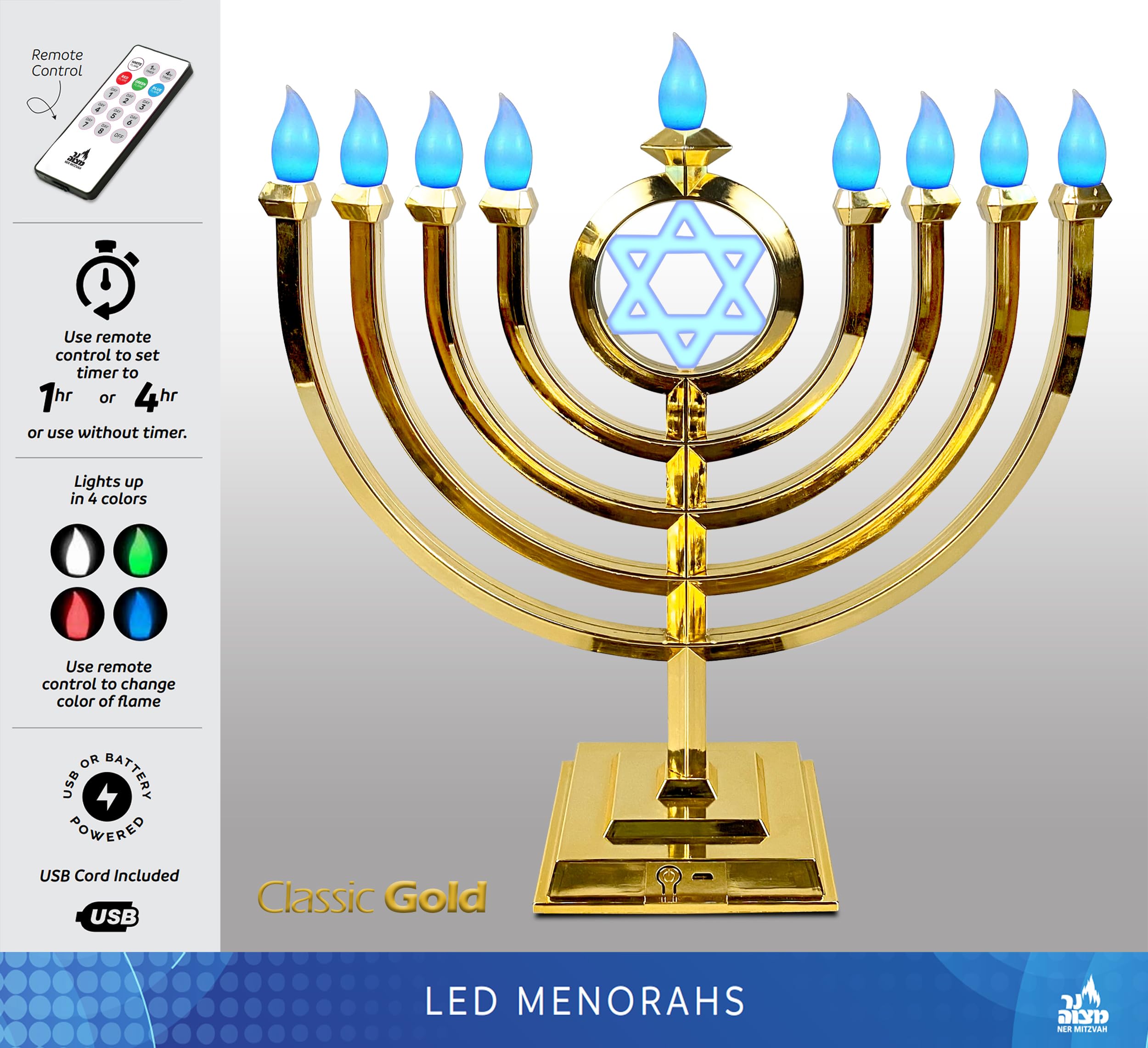 Ner Mitzvah LED Electric Hanukkah Menorah - Color Changing LED Traditional Classic Chanukah Menorah with Remote - Battery or USB Powered - USB Cord Included - Gold