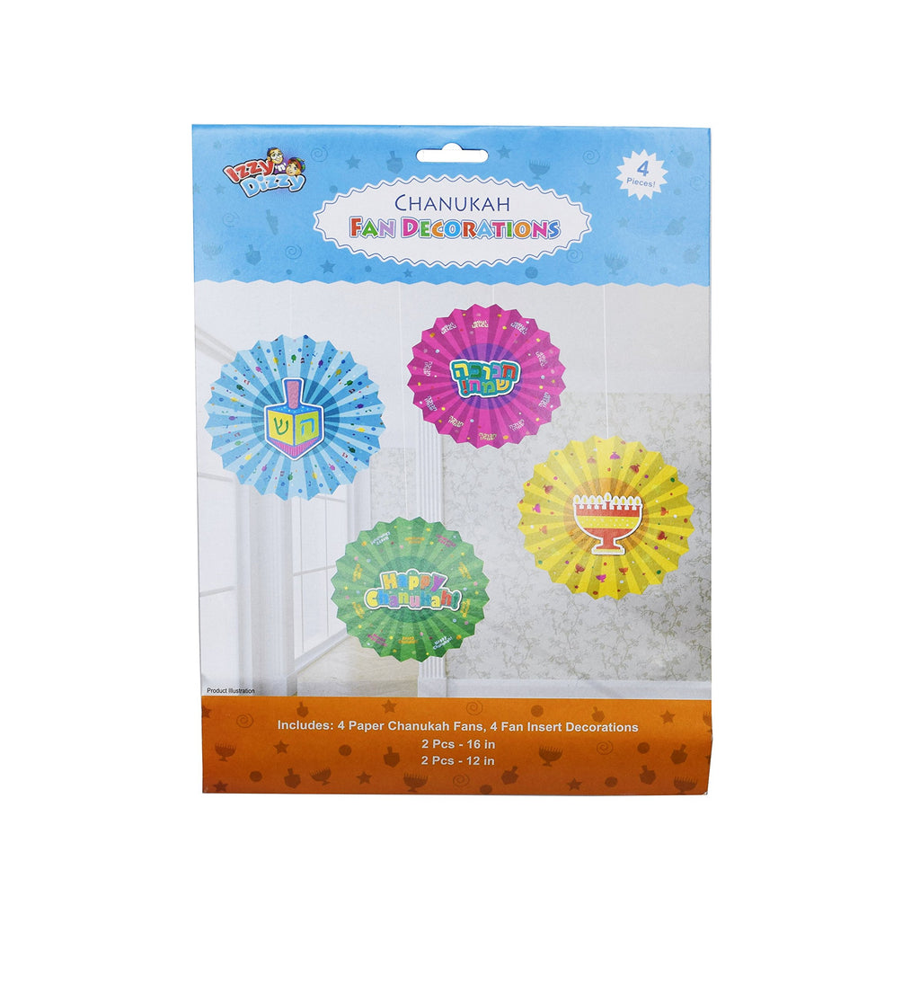 Hanukkah Paper Fan Decoration - 16 Pack - Menorahs, Dreidels, Happy Chanuka and Chanukah Sameach - Hanukkah Party Decorations and Supplies - Izzy 'n' Dizzy