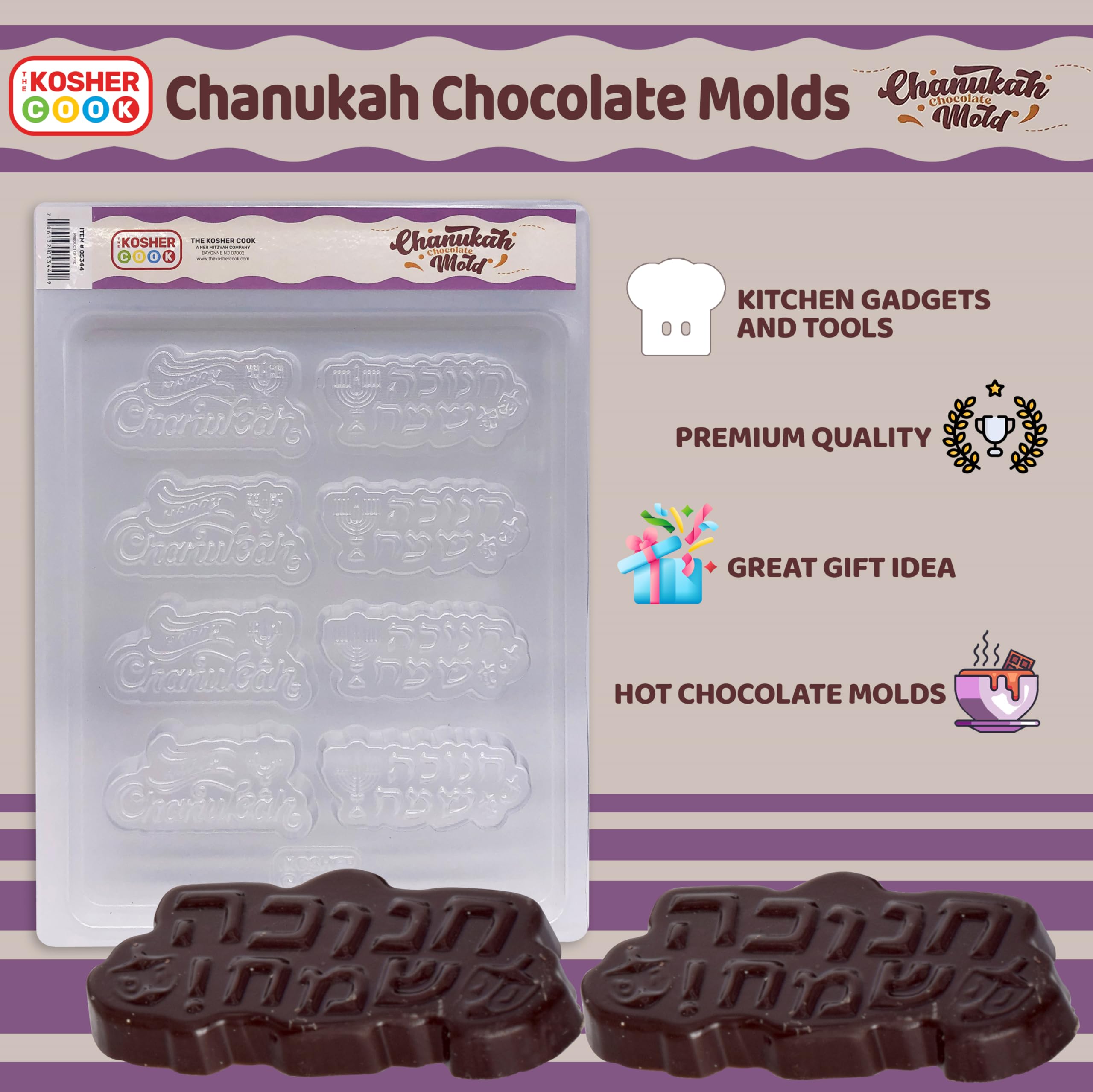 The Kosher Cook Hanukkah Chocolate Molds, Happy Chanukah Shaped Plastic Molds for Chocolate
